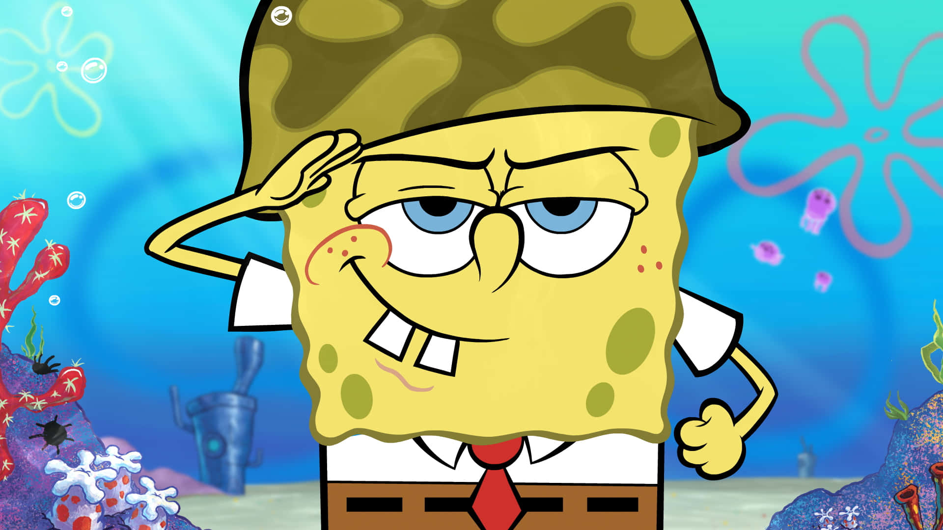 Spongebob Characters 桌布 壁紙 — 海綿寶寶身穿軍裝在水下敬禮，周圍有珊瑚和氣泡。