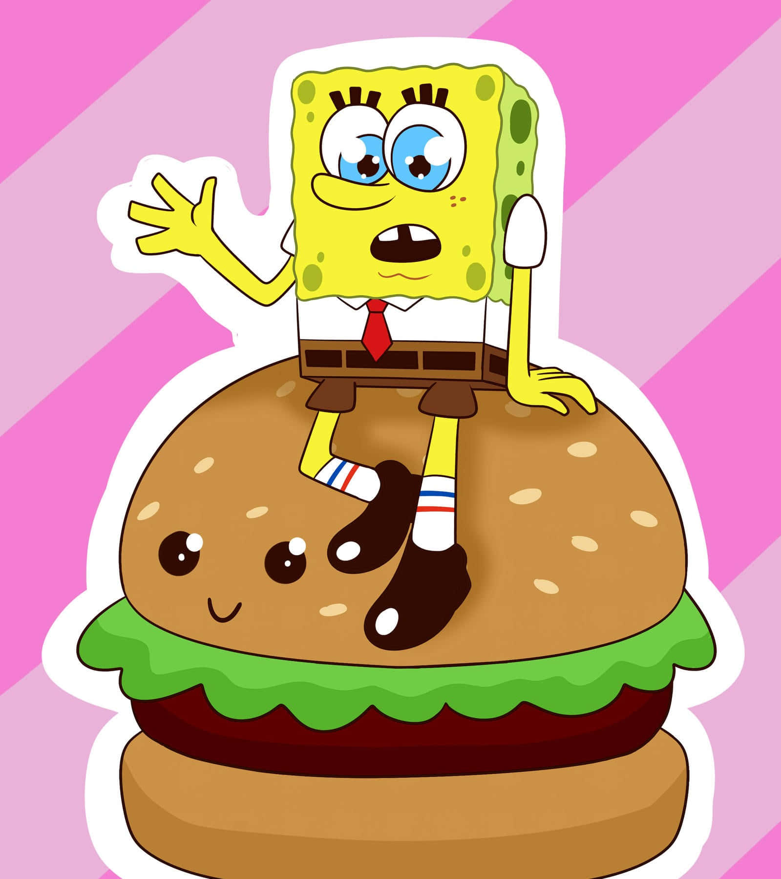 Krabby Patty 桌布 壁紙 — 海綿寶寶開心地坐在一個微笑的漢堡上，背景是粉紅色斜紋。