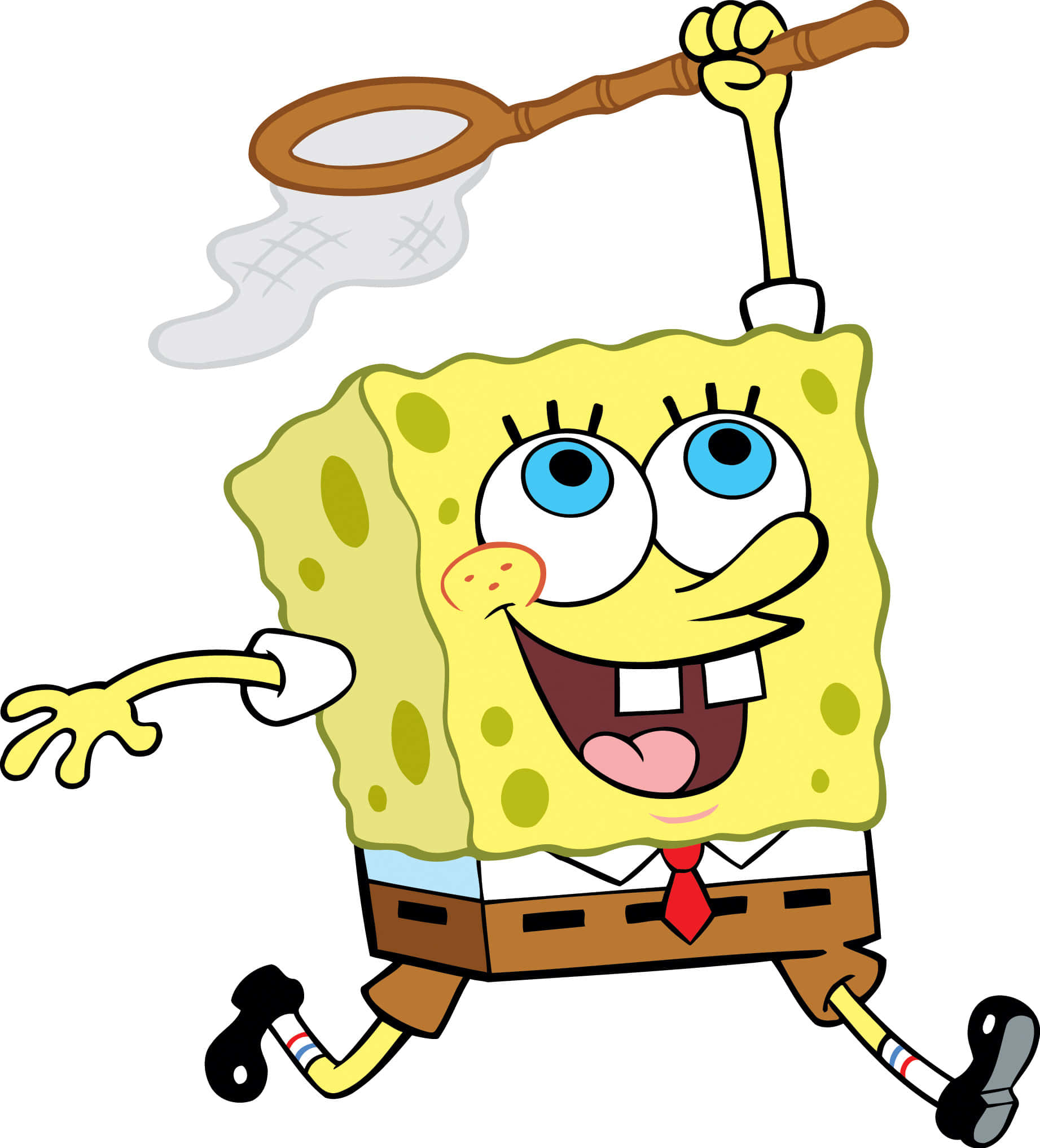 Spongebob Characters 桌布 壁紙 — 海綿寶寶開心地拿著網球拍奔跑，在純白背景上露出燦爛笑容。