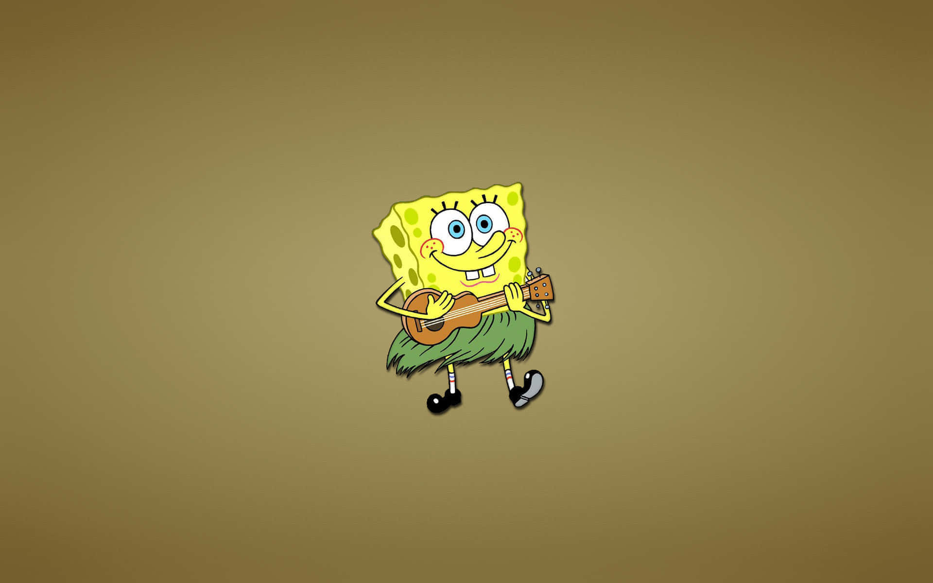 Aesthetic Spongebob 桌布 壁紙 — 海綿寶寶開心地穿著草裙在純棕色背景前彈奏烏克麗麗。
