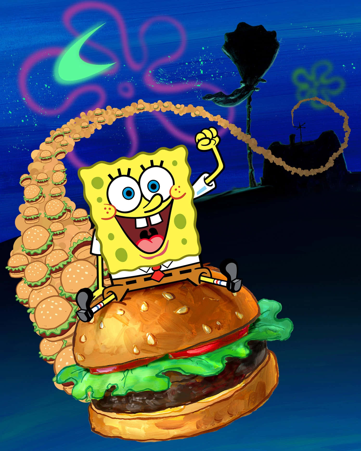 Krabby Patty 桌布 壁紙 — 海綿寶寶開心地騎著一個巨型漢堡，穿越發光水母和水母形狀帽子的水下場景。
