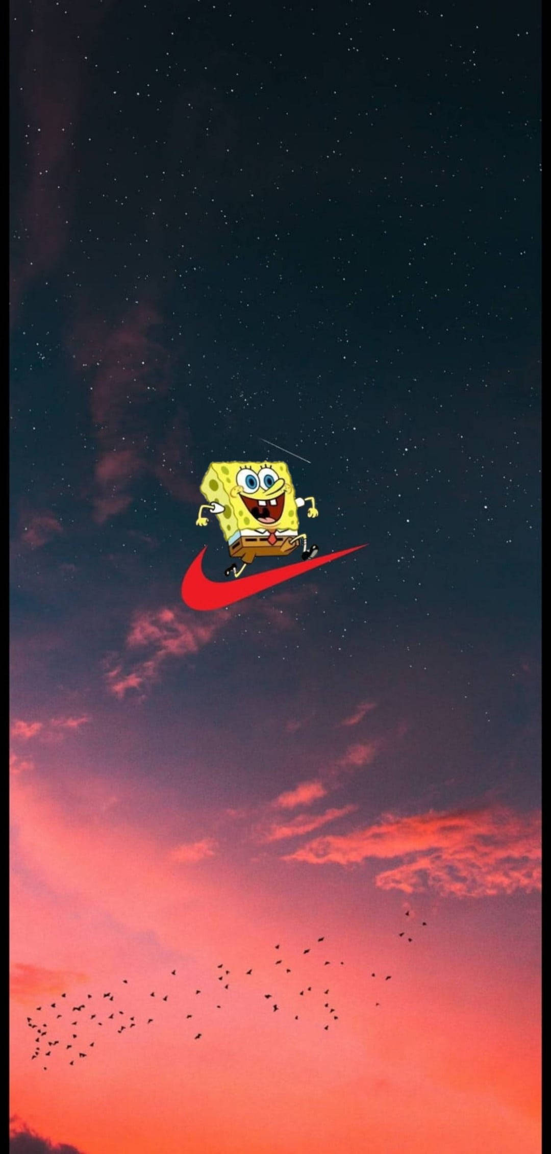 Cool Nike 桌布 壁紙 — 海綿寶寶開心地騎著紅色Nike勾勾，穿越充滿星星和鳥兒的充滿活力的暮色天空。