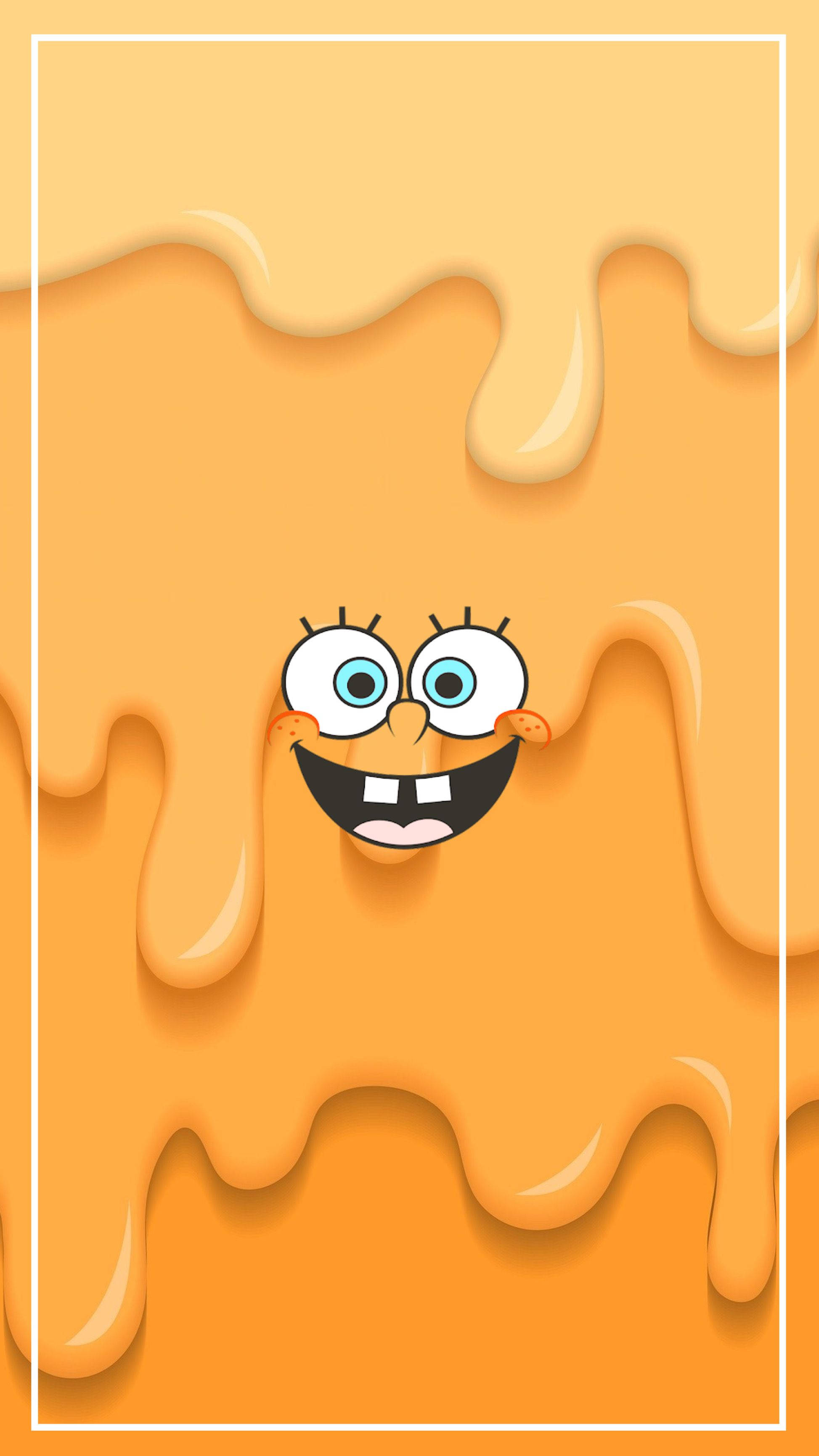 Spongebob Cool 桌布 壁紙 — 海綿寶寶開心的臉龐透過滴落的橙色物質窺視，由白色邊框框住。