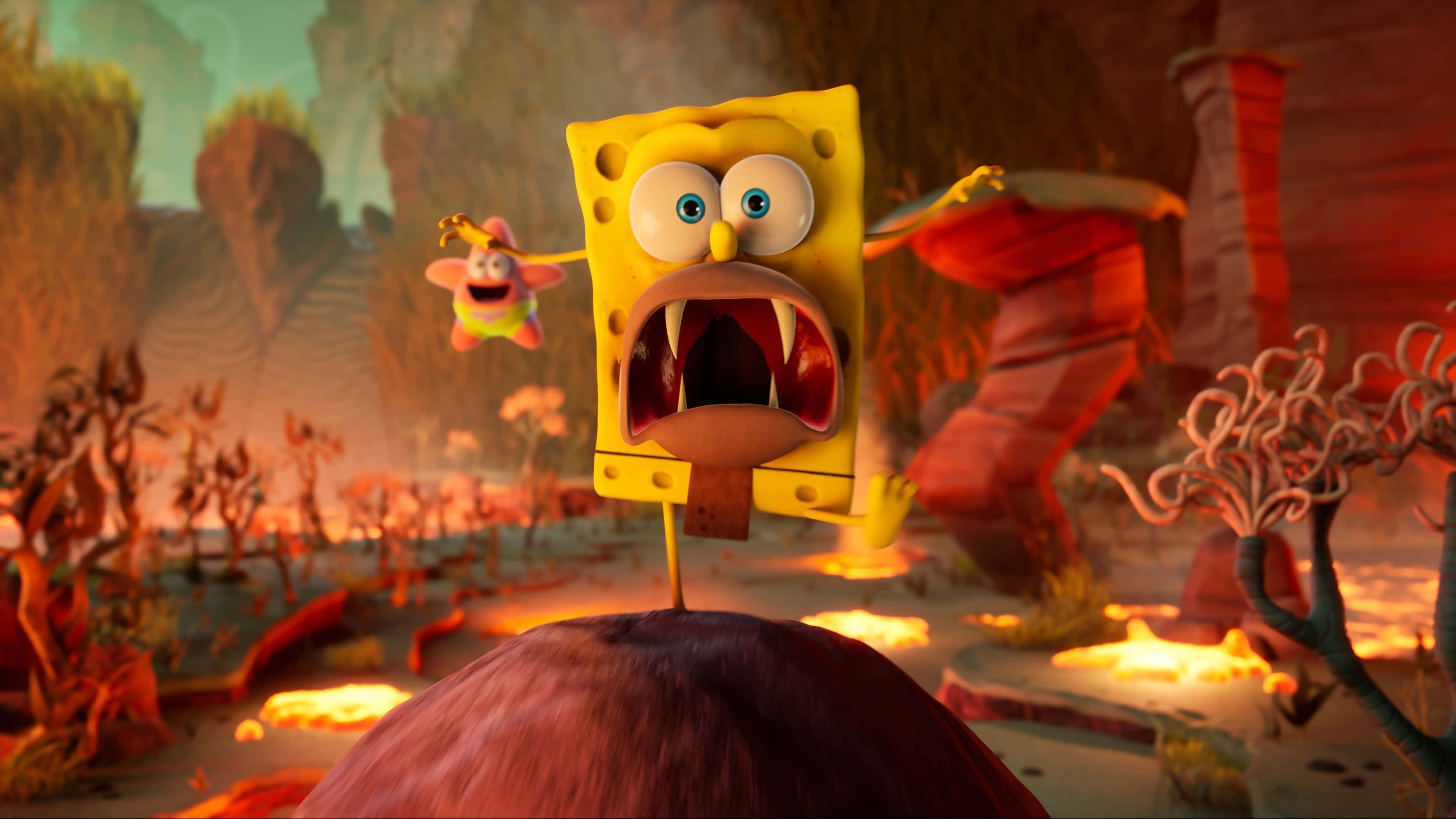 Spongebob And Patrick 桌布 壁紙 — 海綿寶寶震驚地尖叫，漂浮在熾熱的外星景觀上方，派大星在附近。