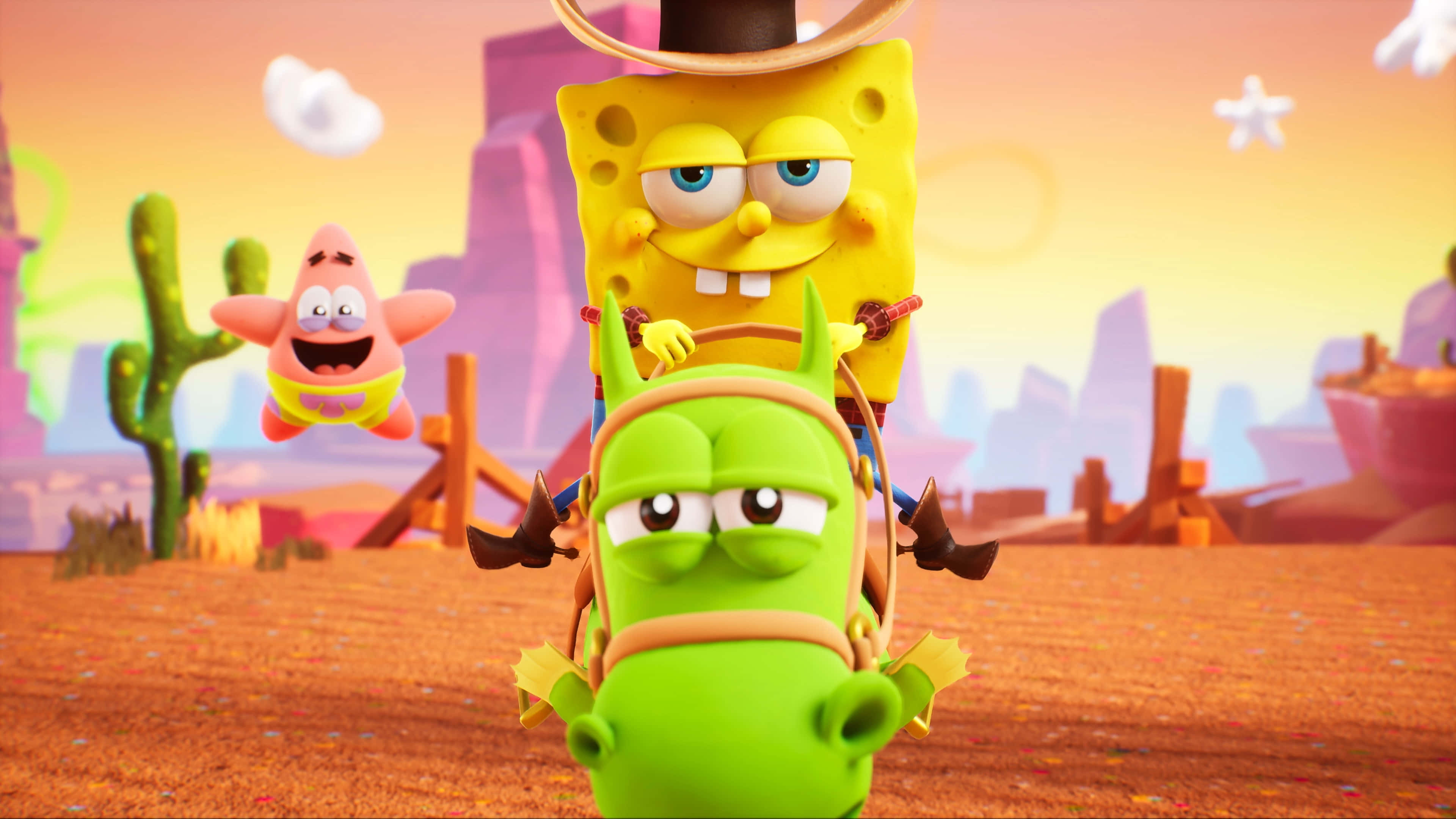 Spongebob And Patrick 桌布 壁紙 — 海綿寶寶騎著一匹綠色的馬穿過色彩繽紛的沙漠，派大星在溫暖的夕陽天空下在他們旁邊飛翔。