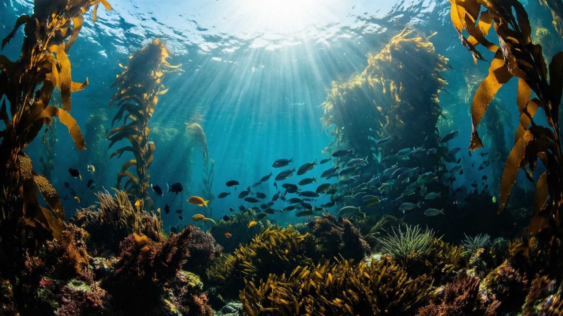 海藻森林深處 壁紙 — 陽光穿過海面，照亮了海藻森林和魚群，牠們在色彩繽紛的珊瑚和海藻間游動。