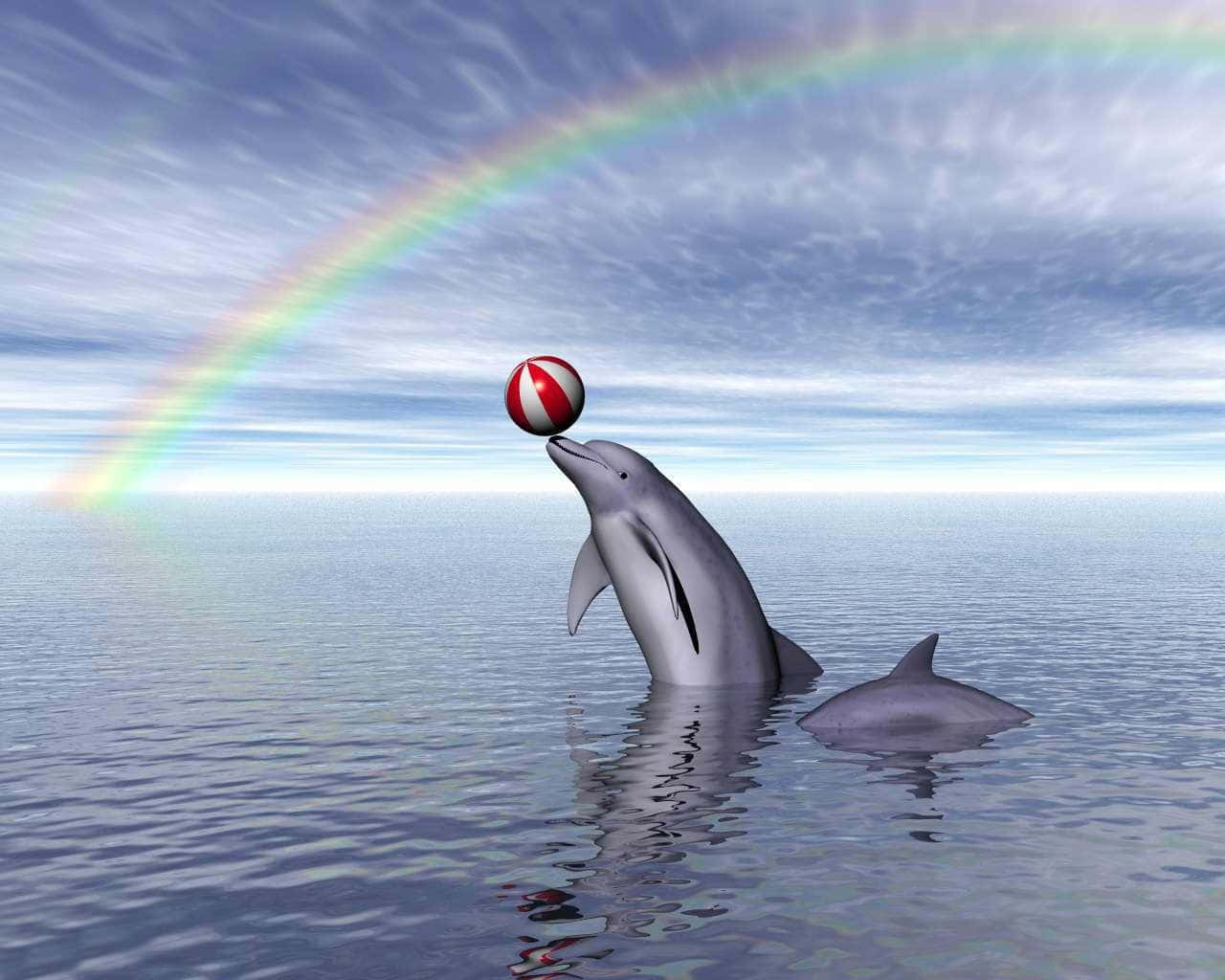Dolphin 桌布 壁紙 — 海豚在平靜的海面上，於一道鮮豔的彩虹下用鼻子平衡一個紅白相間的球。