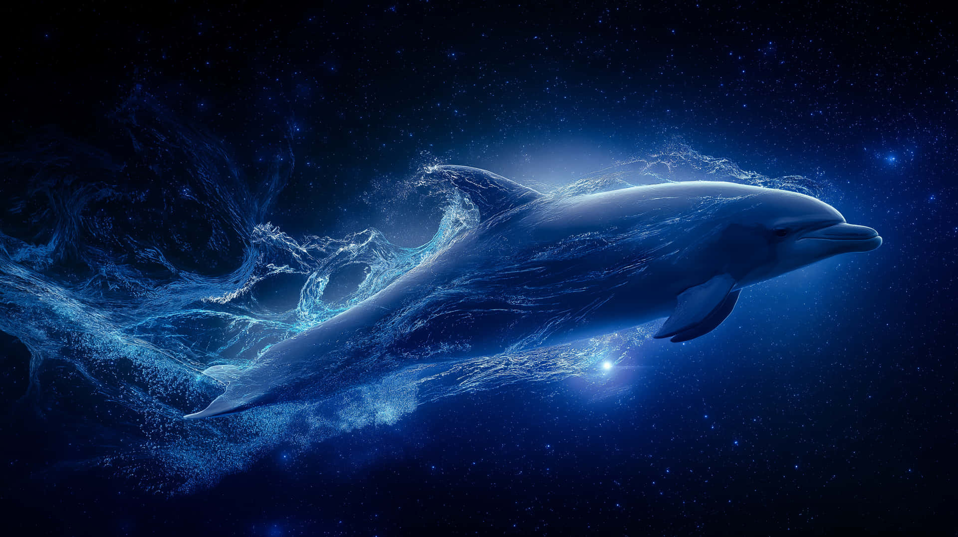Single Dolphin Leaping Through Bioluminescent Night Ocean 壁紙 — 海豚在星空下穿過宇宙水域，伴隨著發光的藍色波浪和閃爍的粒子。