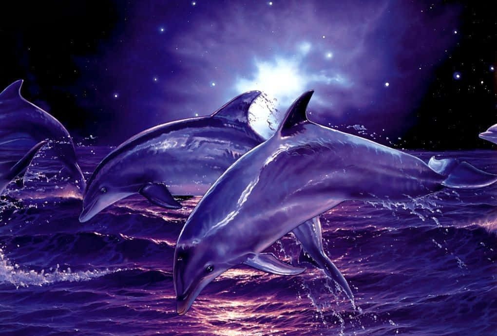 Painting 桌布 壁紙 — 海豚在發光的紫色波浪中跳躍，下方是星光燦爛的宇宙天空，伴隨著一輪明亮的月亮。