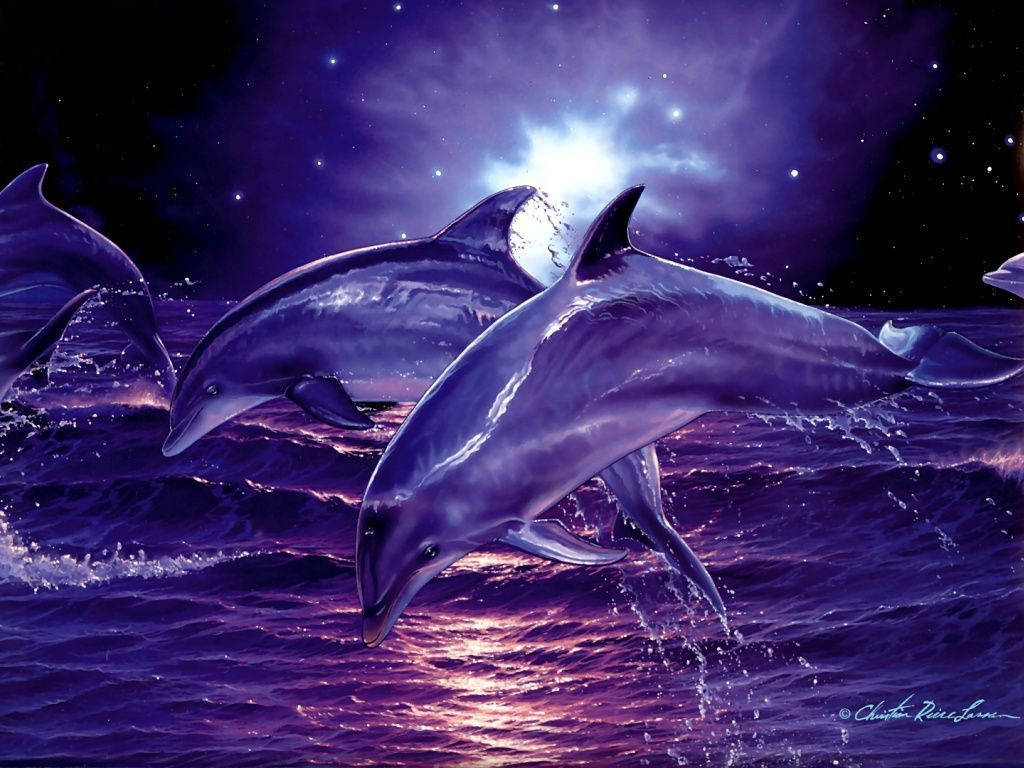 海豚 桌布 壁紙 — 海豚在發光的紫色波浪中跳躍，在繁星點點的宇宙天空下，伴隨著一輪明亮的月亮。