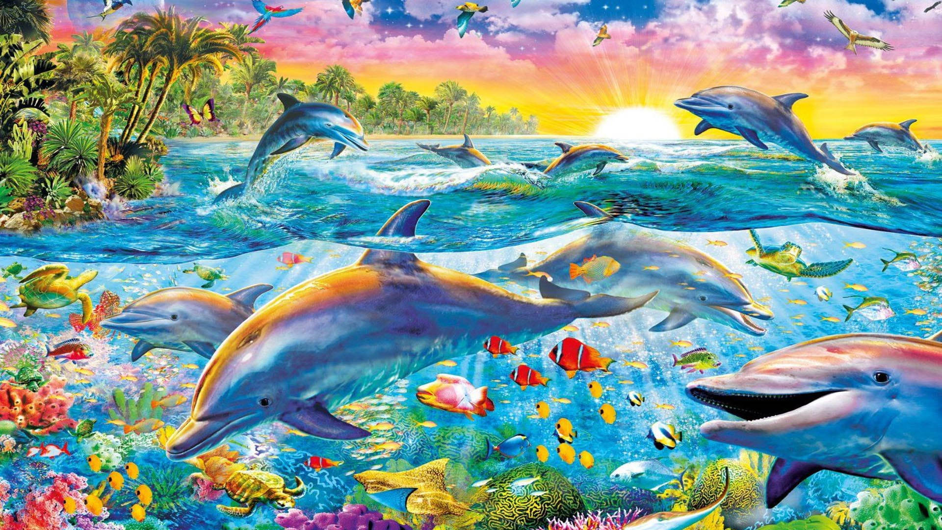 海豚 桌布 壁紙 — 海豚在色彩繽紛的珊瑚礁和熱帶魚之間跳躍和游泳，背景是充滿活力的日落天空。