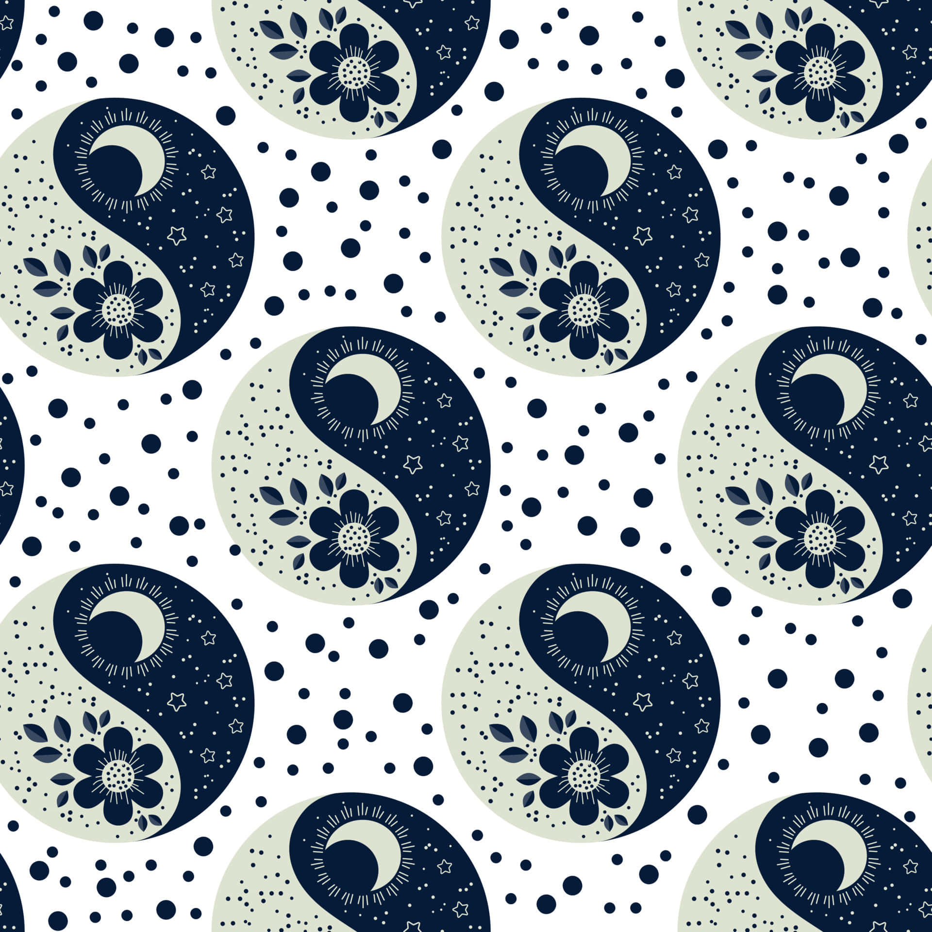Ying Yang 桌布 壁紙 — 海軍藍和奶油色點點星空背景上重複的陰陽符號，帶有新月和花朵。