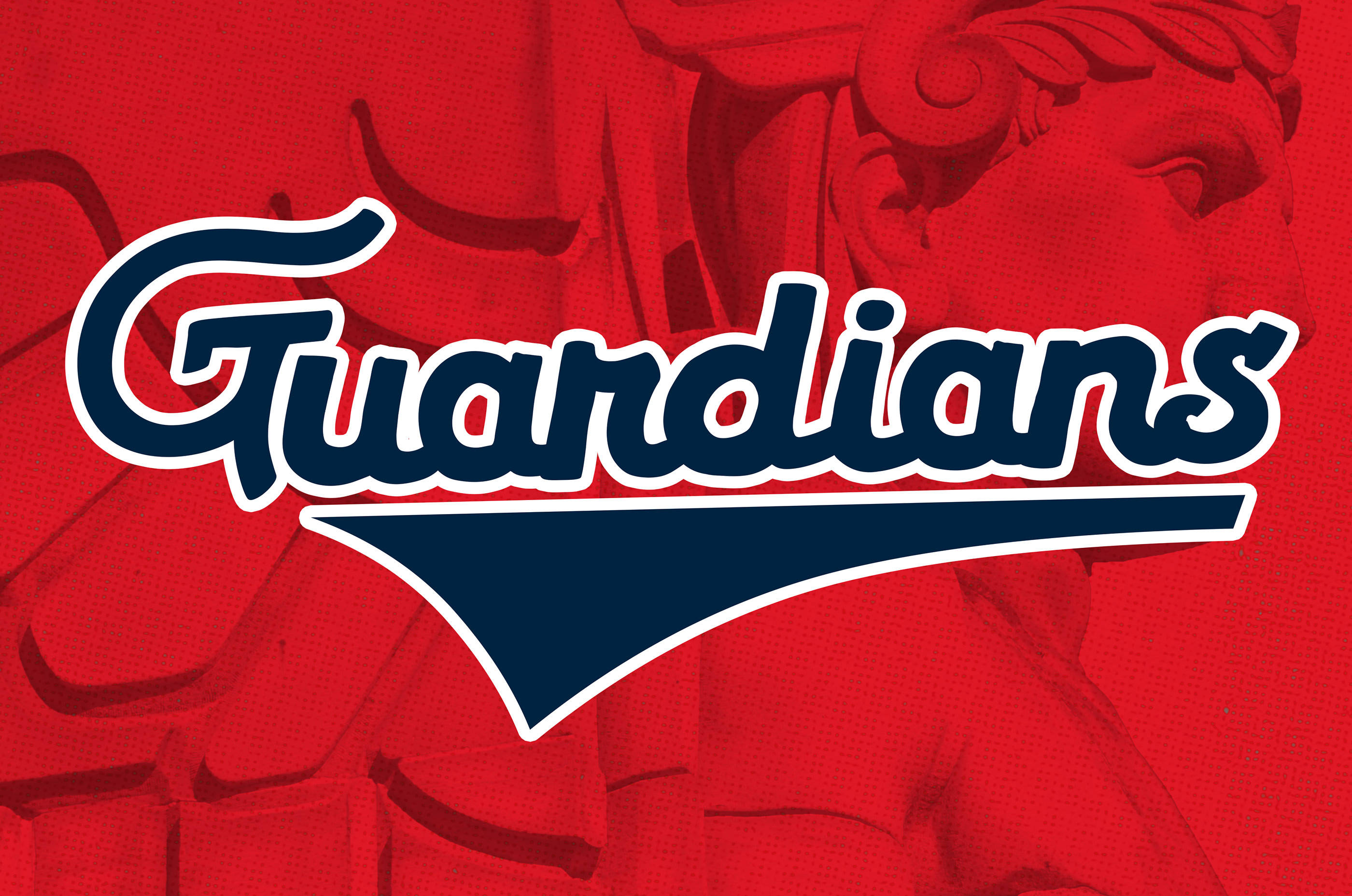 Cleveland Guardians 桌布 壁紙 — 海軍藍與白色的粗體「Guardians」標誌，在帶有微弱古典雕像圖案的紋理紅色背景上格外突出。