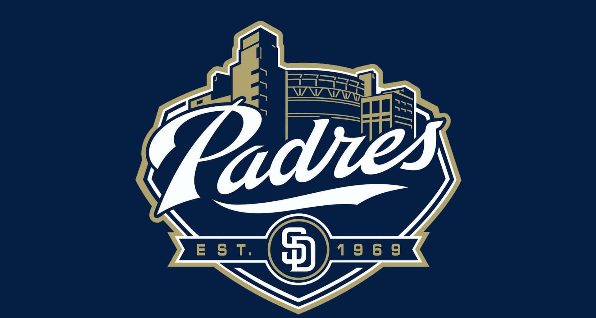 MLB Teams 桌布 壁紙 — 海軍藍色桌布，帶有聖地牙哥教士隊標誌，配以金色和白色點綴及城市天際線剪影。