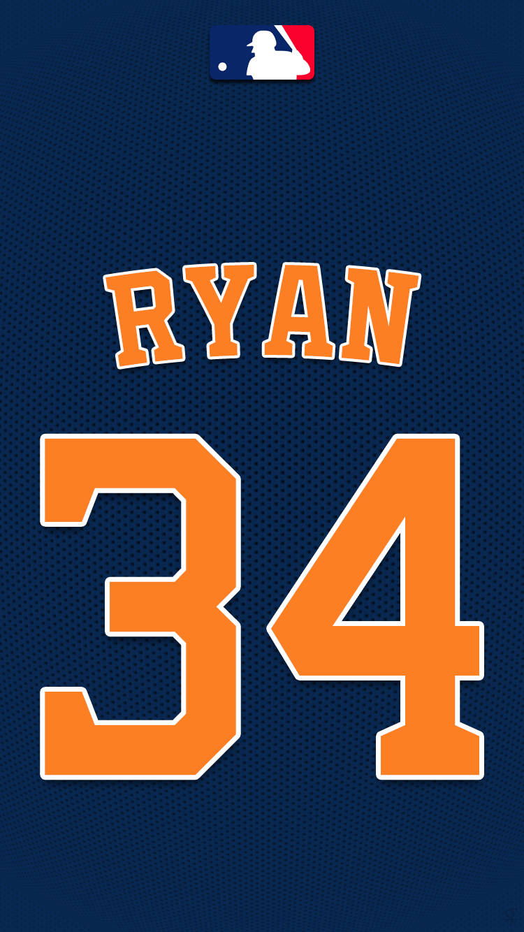 Nolan Ryan 桌布 壁紙 — 海軍藍色棒球球衣特寫，帶有橙色 'RYAN 34' 字樣和 MLB 標誌。