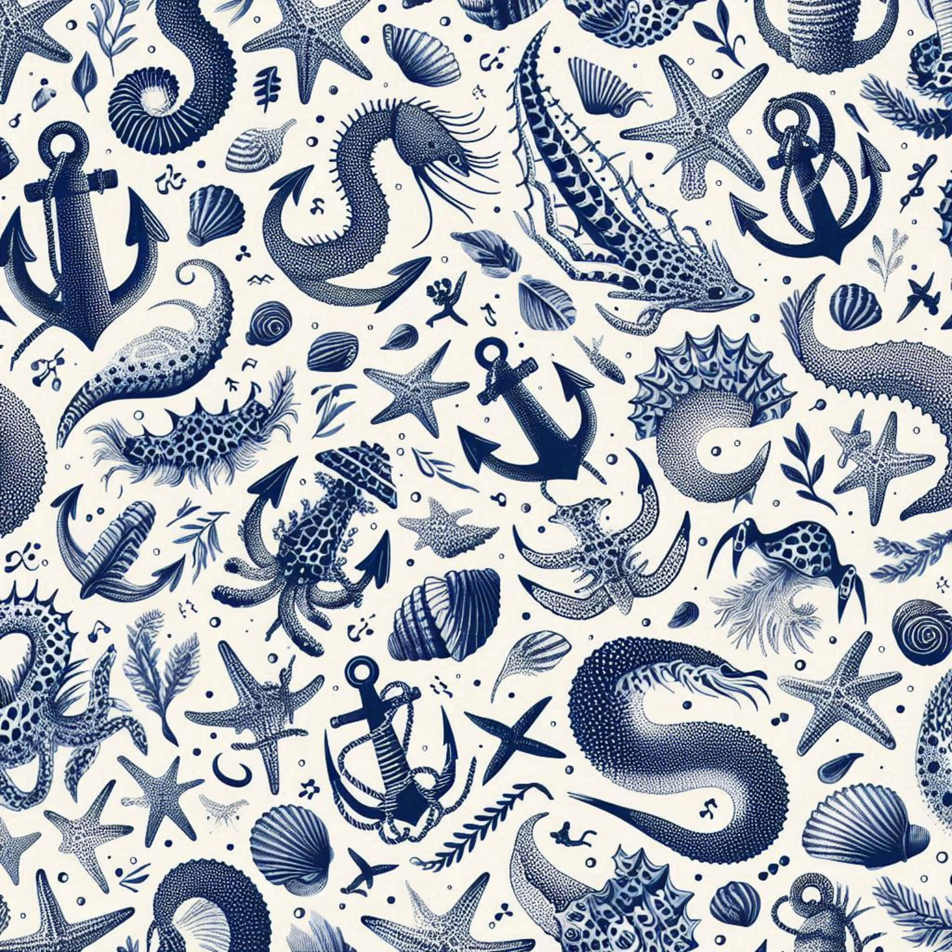 blue anchor print 壁紙 — 海軍藍色的無縫航海圖案，以奶油色背景呈現錨、海馬、海星和貝殼。