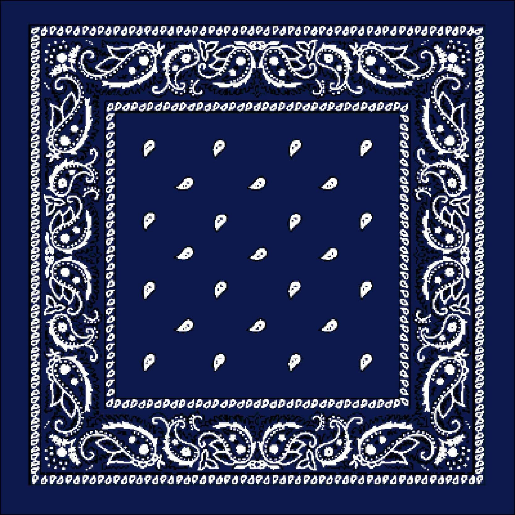 bandana 桌布 壁紙 — 海軍藍色頭巾，帶有複雜的白色佩斯利花邊和散落的淚滴圖案。