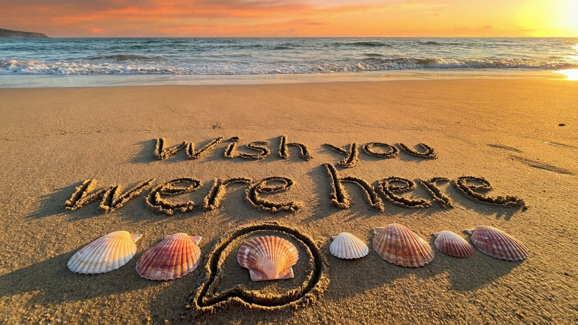 海邊訊息 壁紙 — 日落沙灘場景，沙上寫著「Wish you were here」，周圍有貝殼和對話框。