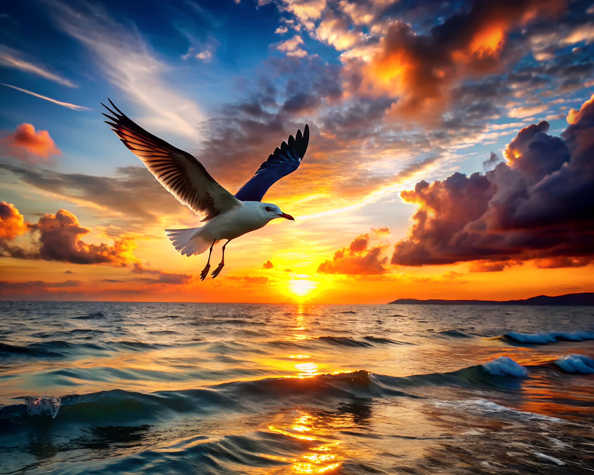海鷗在夕陽下飛越海洋，天空呈現鮮豔的橙色和藍色 — 鳥 壁紙