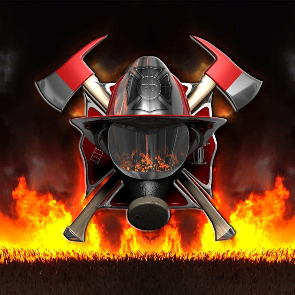 Firefighter Logo 桌布 壁紙 — 消防頭盔和交叉的斧頭在咆哮的地獄中傲然挺立，火焰舔舐著黑暗的天空。