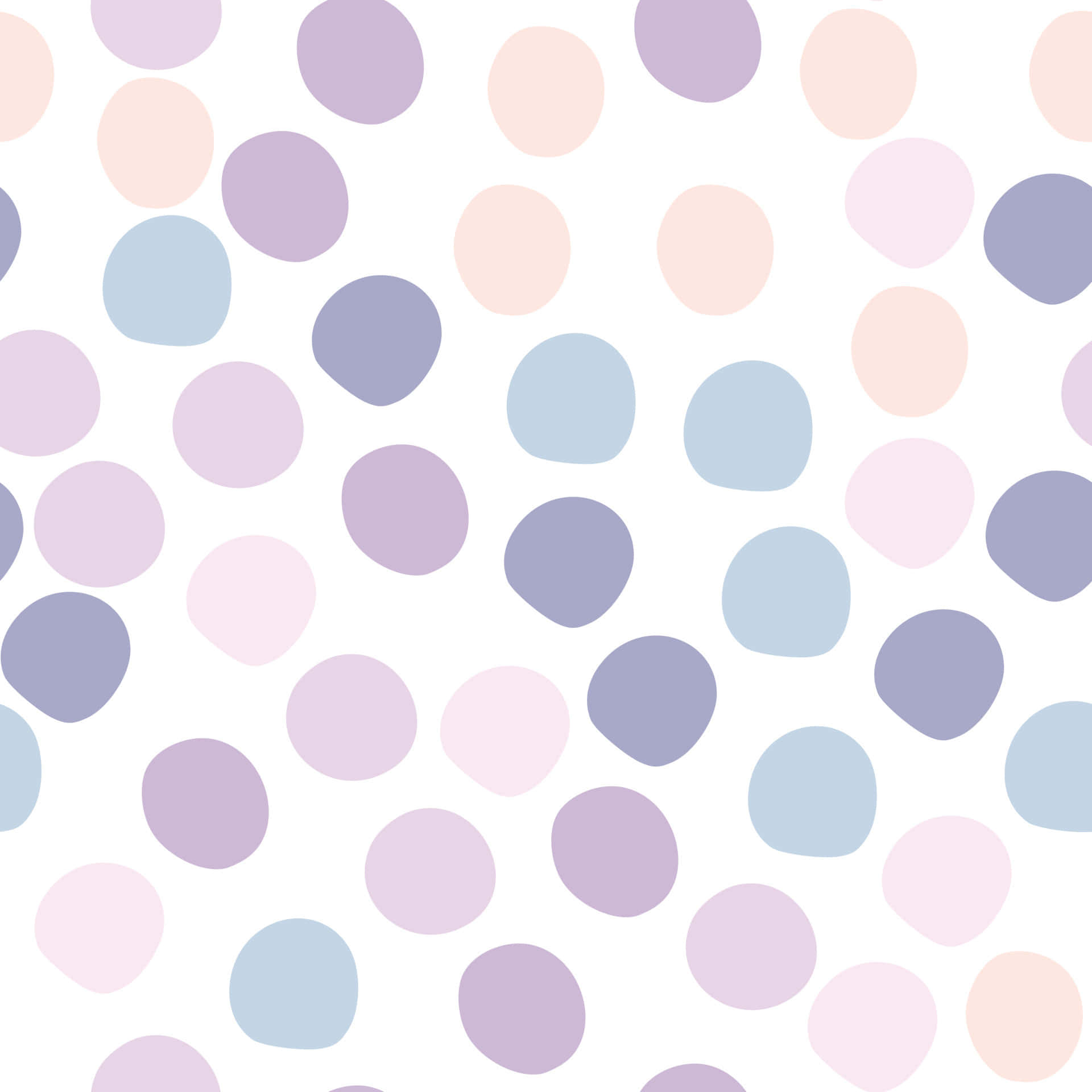 Polka Dot 桌布 壁紙 — 淡紫色、蜜桃色和藍色的柔和粉彩圓點散落在潔淨的白色背景上。