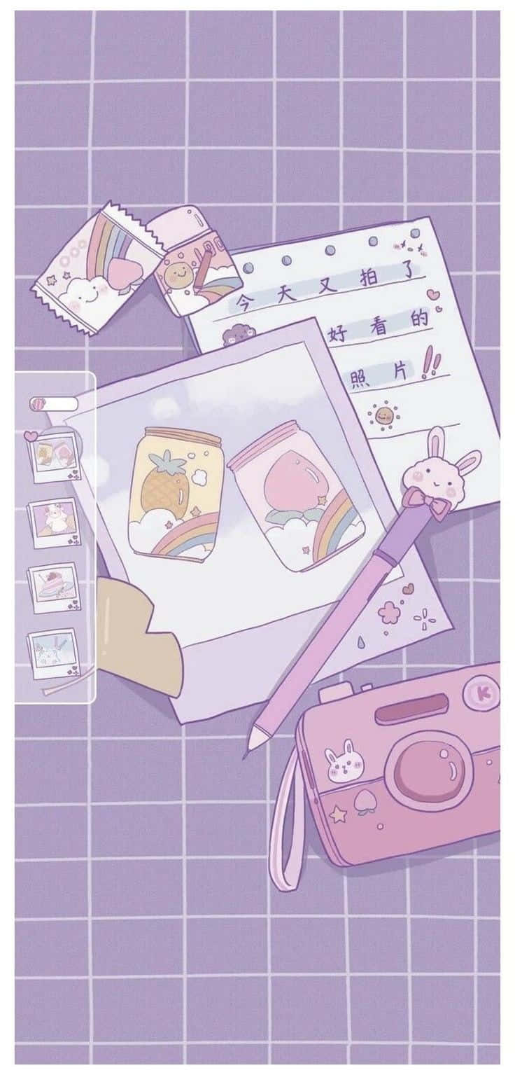 Purple Aesthetic Tumblr 桌布 壁紙 — 淡紫色網格背景，帶有粉紅色相機兔子貼紙和插圖拍立得，上面有彩虹飲料和中文文字。