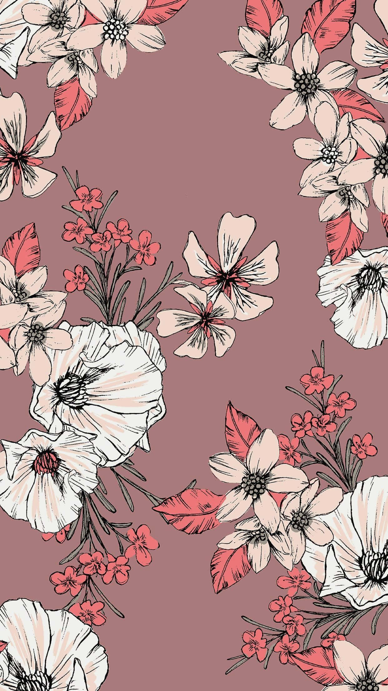 Tumblr Phone 桌布 壁紙 — 淡紫色背景上帶有白色和粉紅色花朵及葉子的精緻花卉圖案。