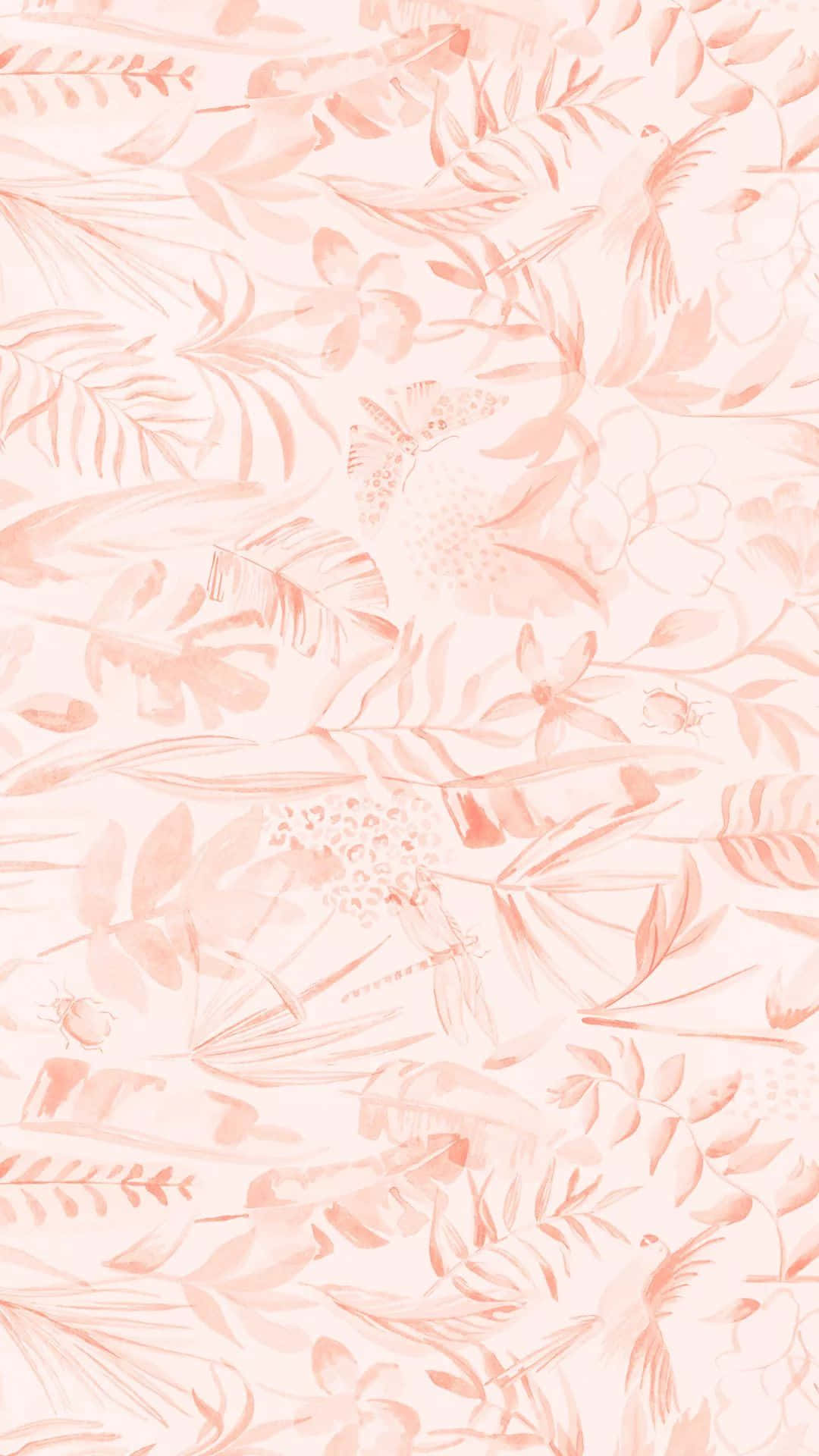 Lilly Pulitzer iPhone 桌布 壁紙 — 淡色背景上的柔和蜜桃色水彩圖案，包含熱帶樹葉、花朵和鳥類。