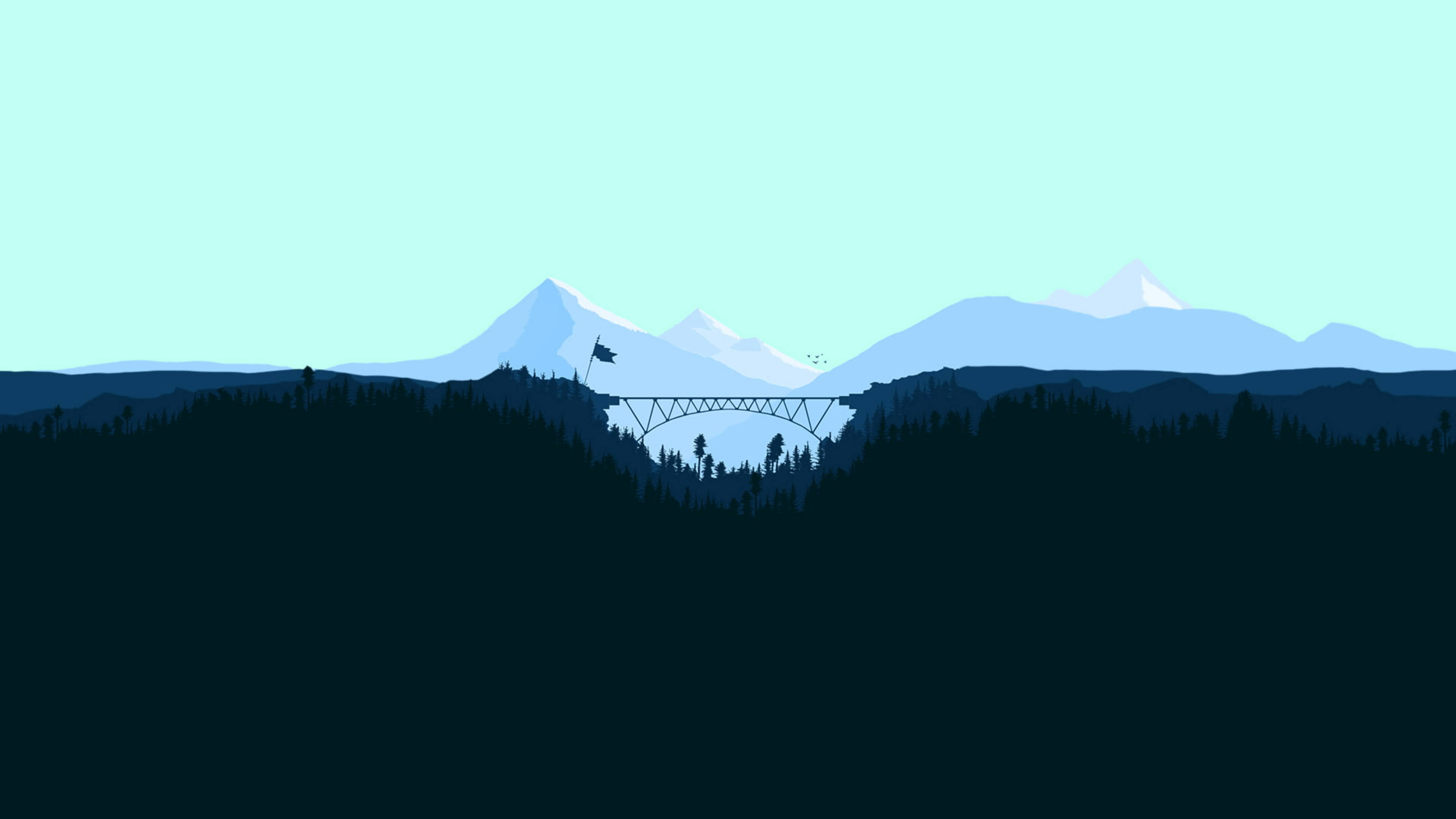 Canva 桌布 壁紙 — 淡藍天空下，一座橋橫跨森林山谷，背景有積雪山脈的極簡輪廓。