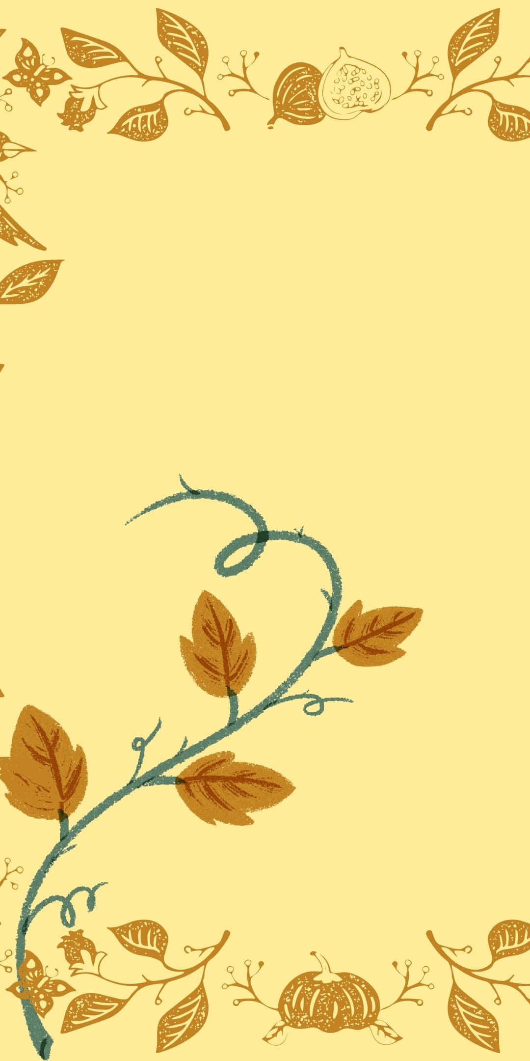 Graphics Design 桌布 壁紙 — 淡黃色壁紙，裝飾性的棕色藤蔓、葉子和南瓜框住頂部和底部角落。