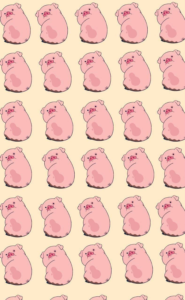 waddles 桌布 壁紙 — 淡黃色背景上，可愛的粉紅色卡通豬排成行坐著的重复圖案。