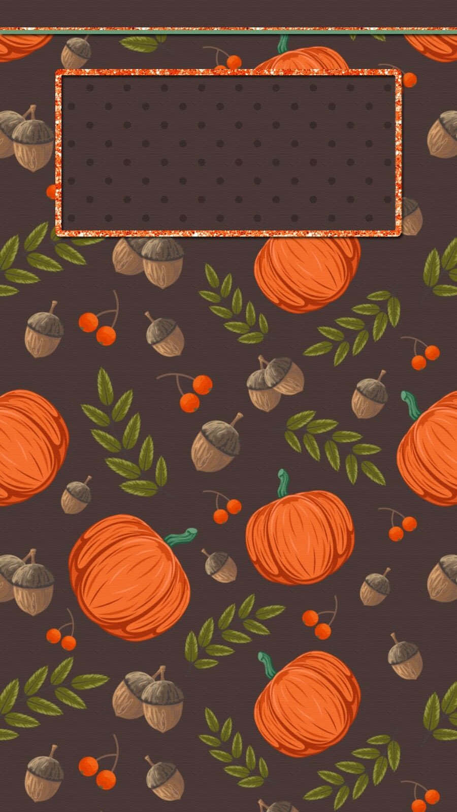 Fall Phone 桌布 壁紙 — 深棕色壁紙，帶有橙色南瓜、橡果和綠葉圖案，適合秋季裝飾。
