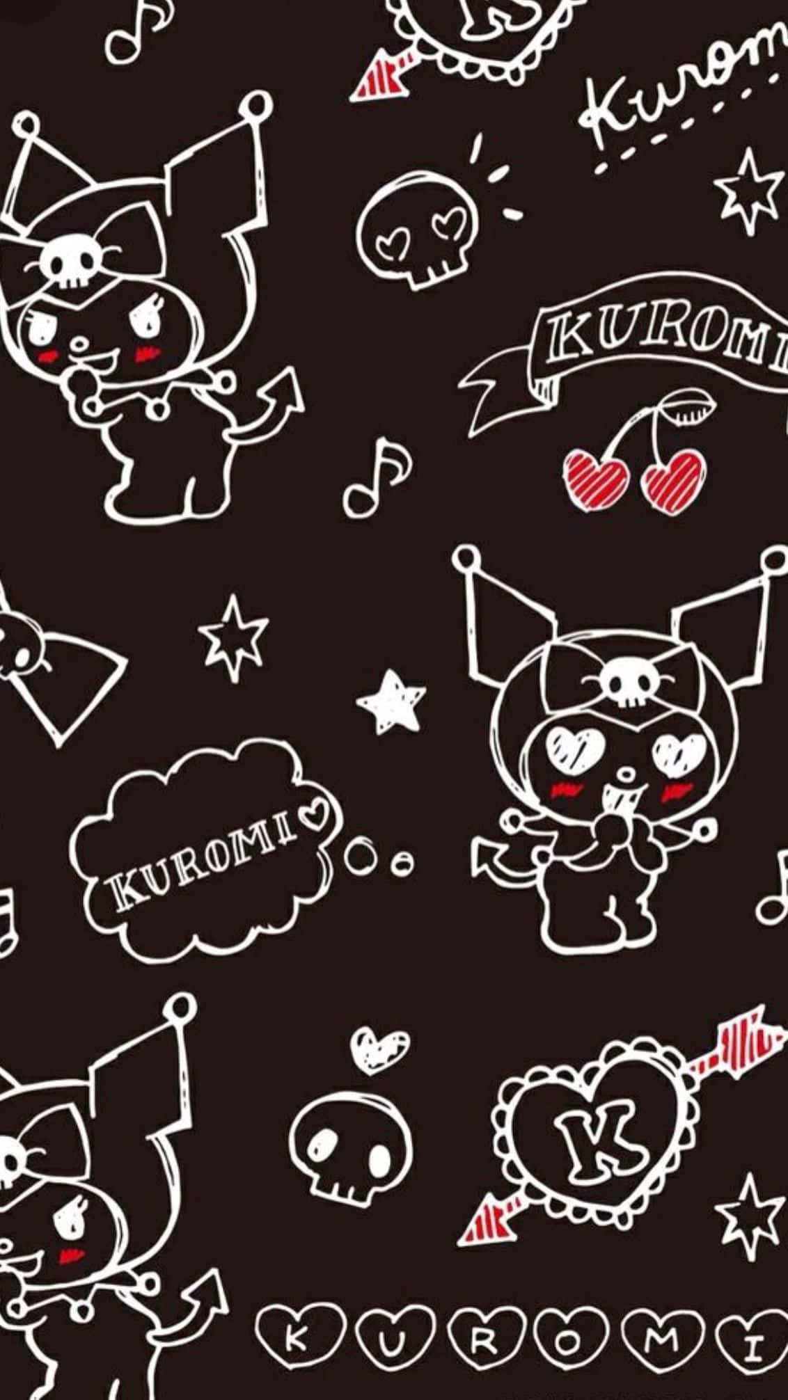 sanrio 桌布 壁紙 — 深棕色壁紙，帶有白色粉筆風格的Kuromi角色和塗鴉，如櫻桃、骷髏和星星。