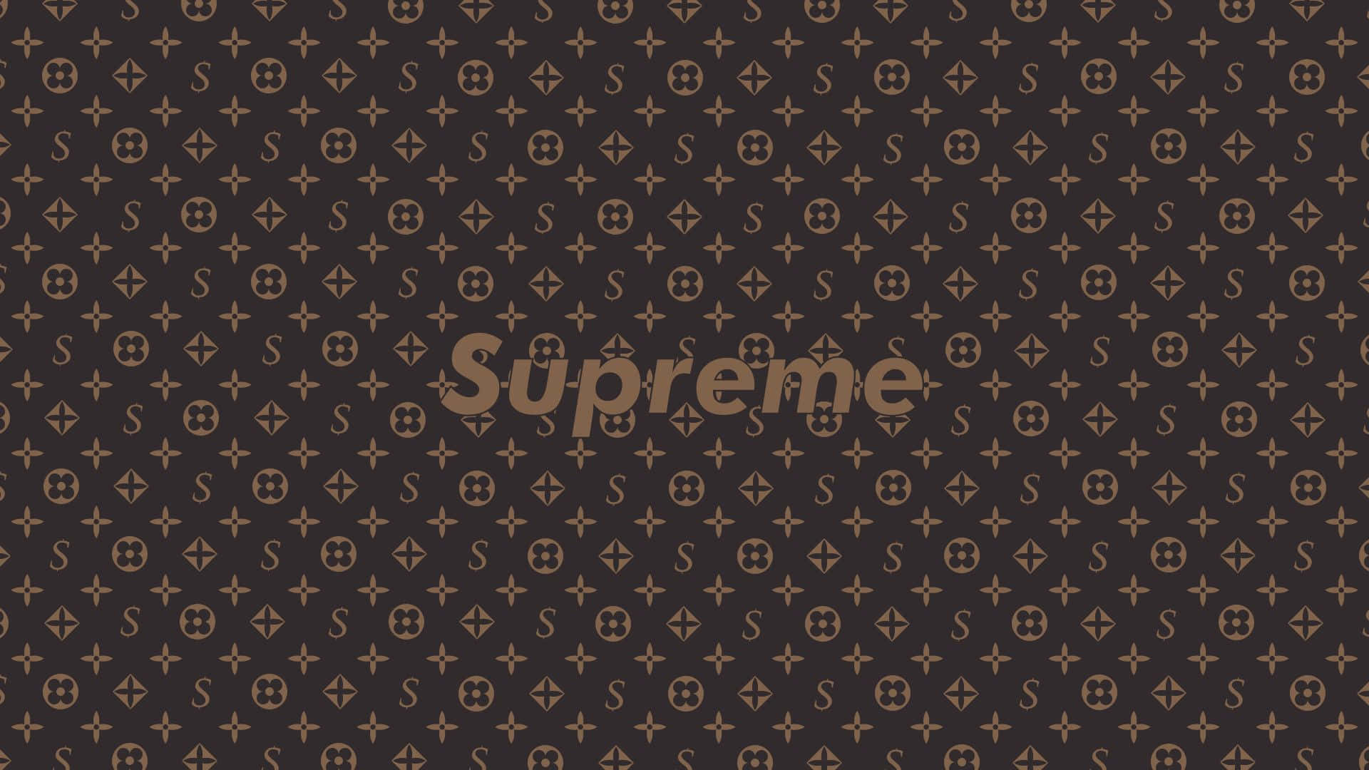 桌布 壁紙 — 深棕色壁紙，帶有重複的 Louis Vuitton 字母圖案，中央為 Supreme 標誌。