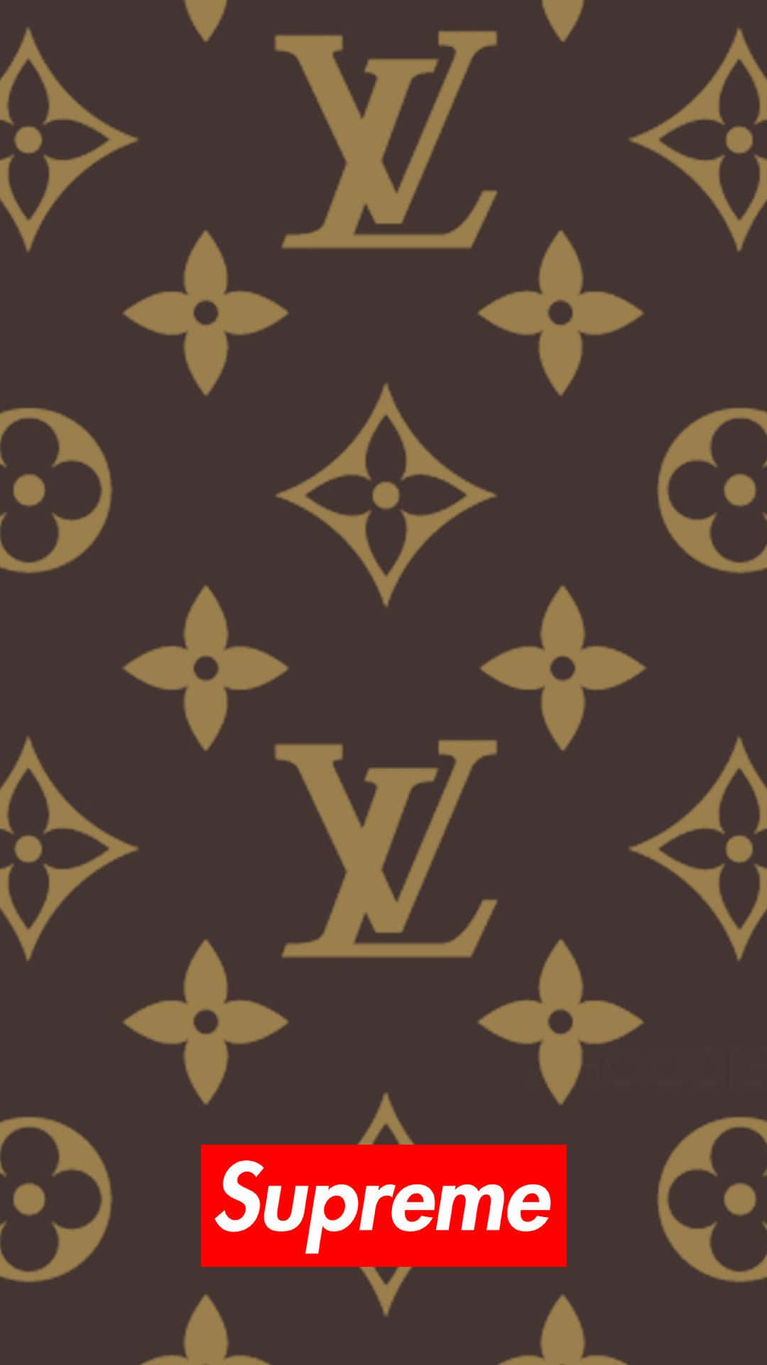 標誌 桌布 壁紙 — 深棕色壁紙，帶有重複的金色 Louis Vuitton 字母圖案，底部有紅色 Supreme 標誌。