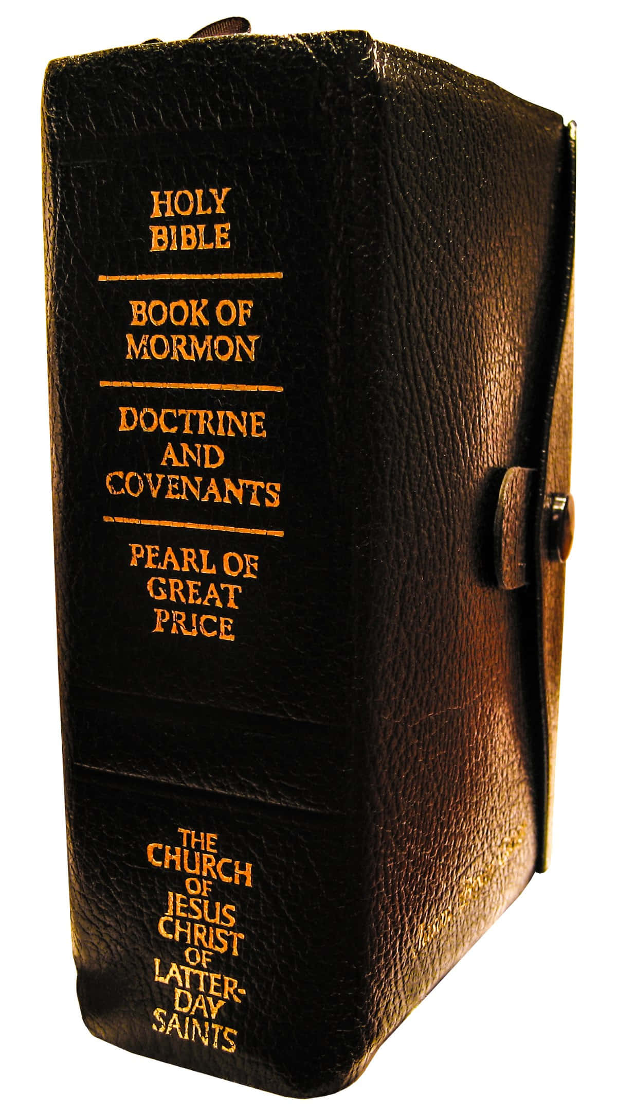 Scripture 桌布 壁紙 — 深棕色皮革裝訂的摩門經特寫，帶有金色壓印文字和金屬扣。
