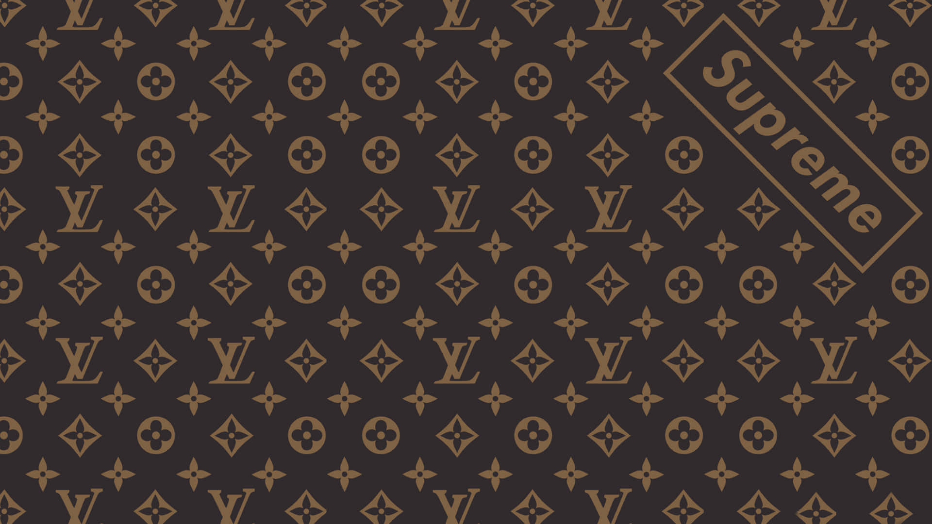 深棕色桌布，帶有金色Louis Vuitton monogram和對角線Supreme標誌。 — 圖案 壁紙