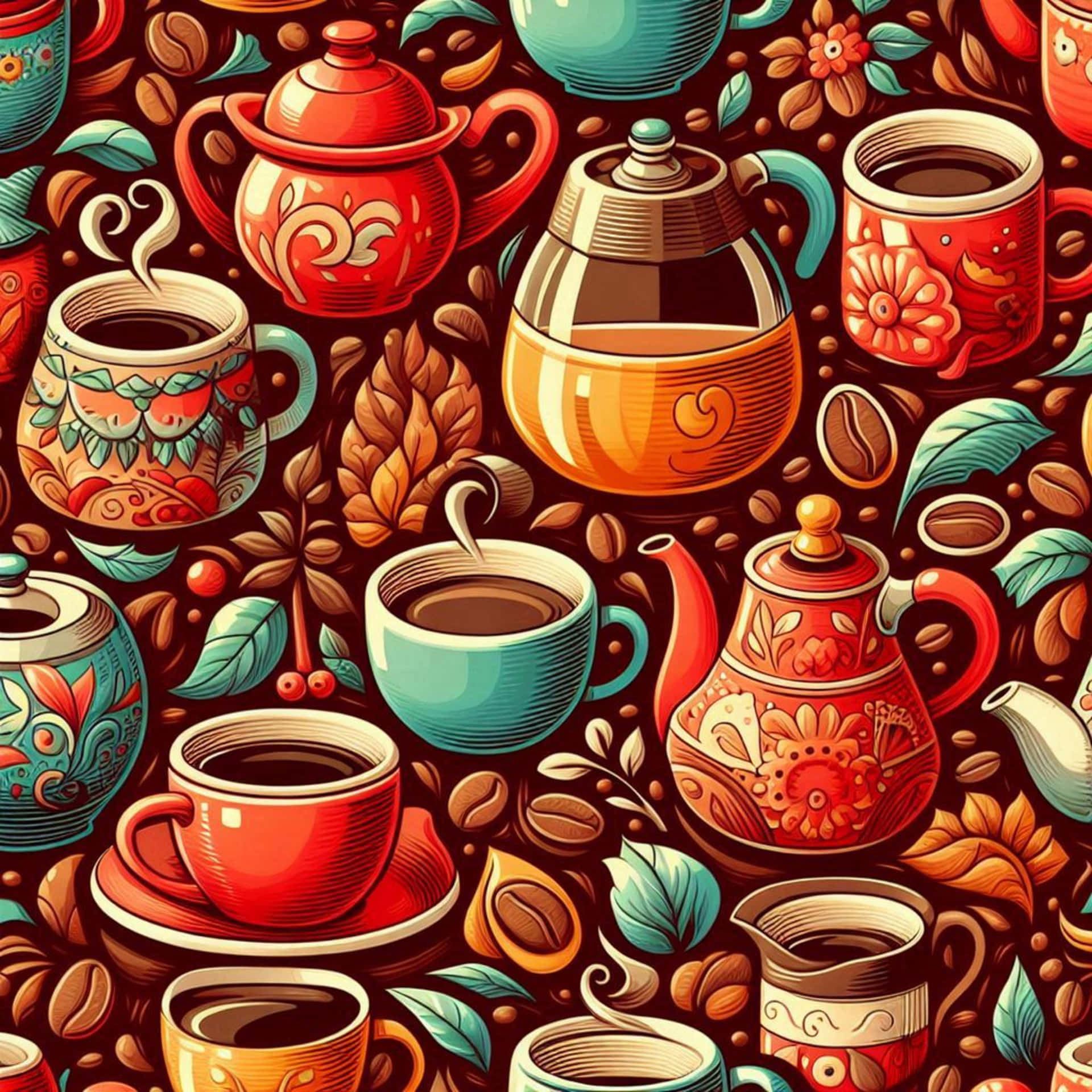 seamless pattern with cups 壁紙 — 深棕色背景上，裝飾華麗的紅色和藍綠色咖啡壺、杯子和咖啡豆的鮮豔圖案。