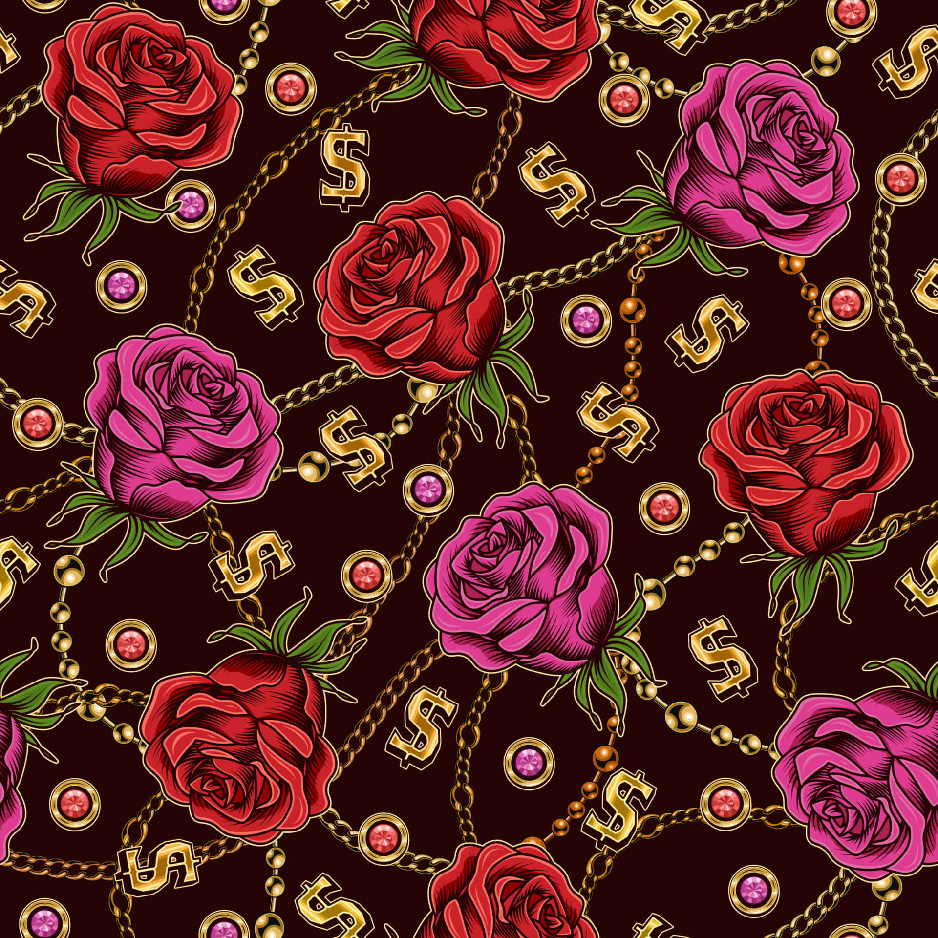 Roses 桌布 壁紙 — 深棕色背景上，鮮紅和洋紅色的玫瑰與金鏈和美元符號交織在一起。