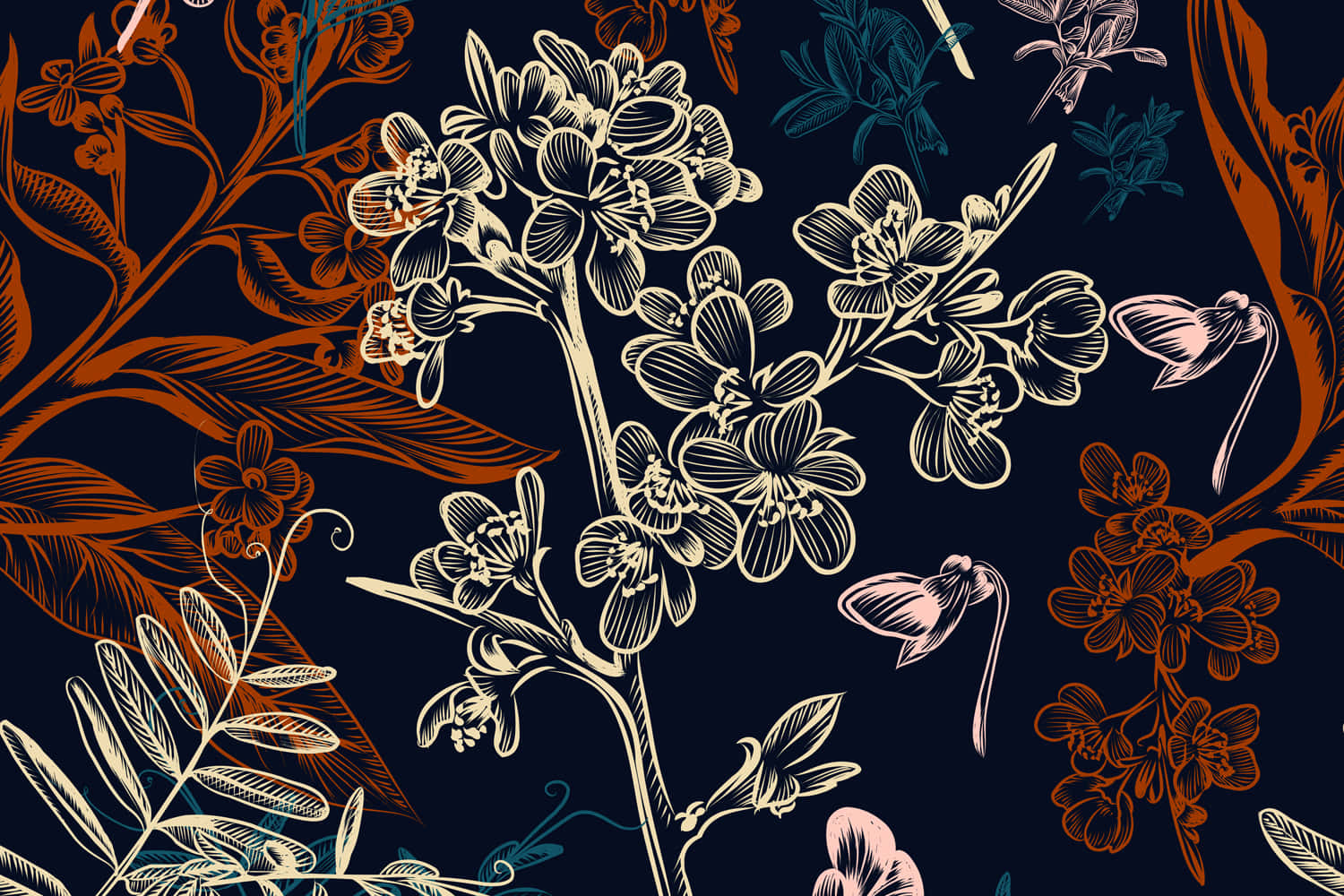 Beautiful Pattern 桌布 壁紙 — 深海軍藍背景上，帶有奶油色、橙色和藍綠色的優雅花卉插圖。