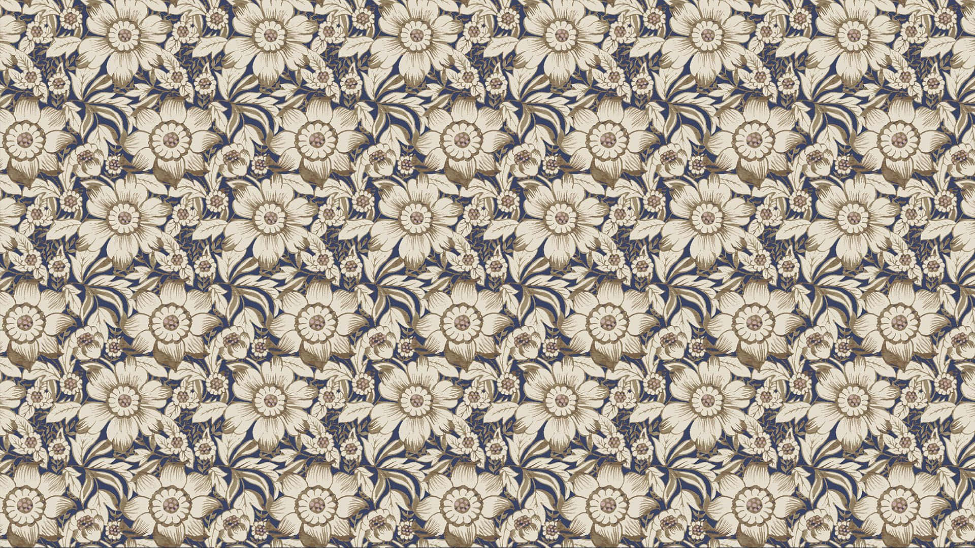 Pattern Desktop 桌布 壁紙 — 深海軍藍背景上帶有奶油色和金色花朵的優雅重複花卉圖案。
