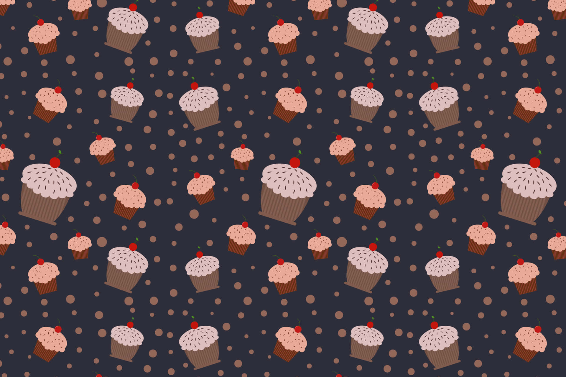 Cupcake Pattern 壁紙 — 深海軍藍背景上綴有重複的卡通杯子蛋糕，頂部有粉紅色糖霜和櫻桃。