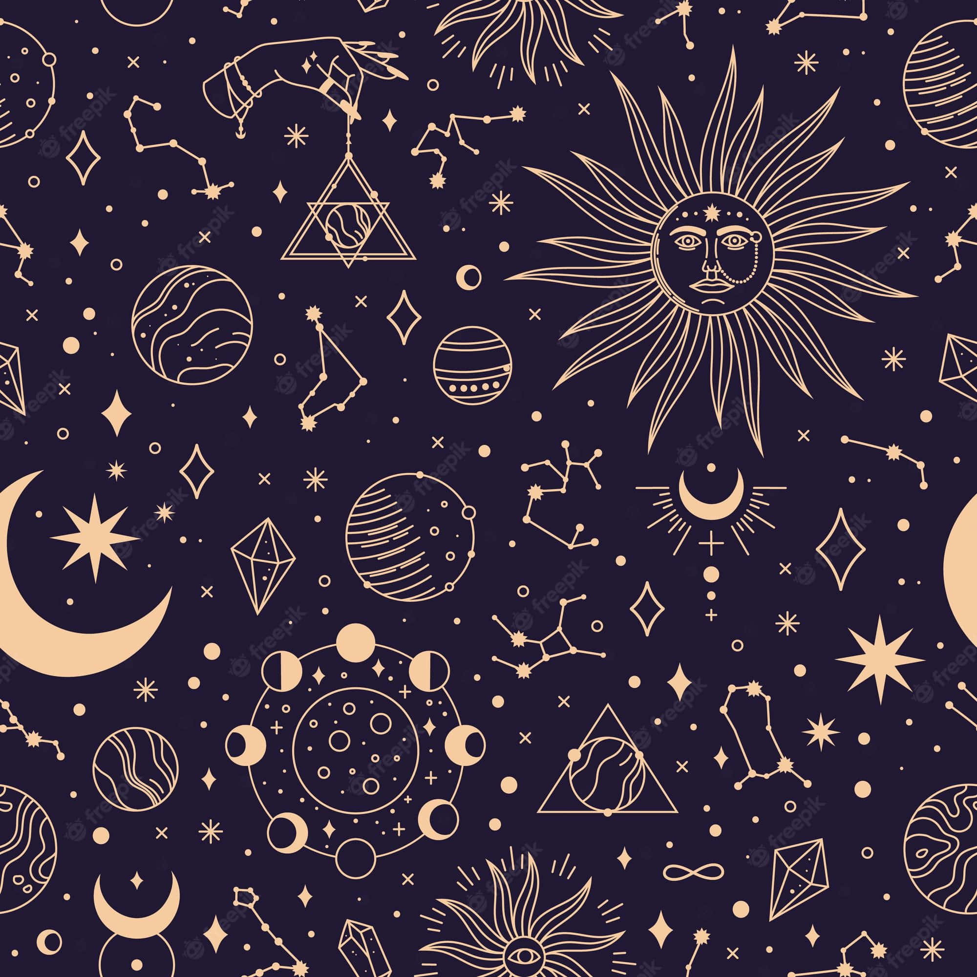 astrology 桌布 壁紙 — 深海軍藍色壁紙，帶有金色天體符號，包括太陽、月亮、星星、行星和星座，呈現神秘圖案。