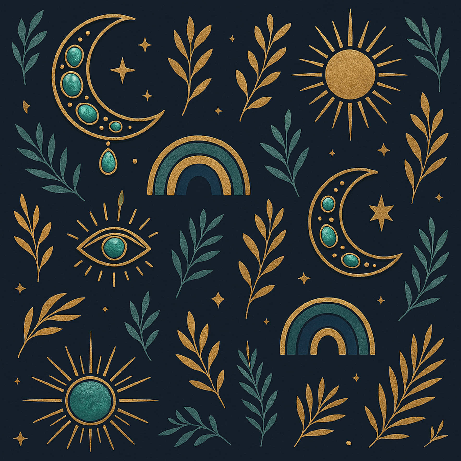 Boho style illustration dark background 壁紙 — 深海軍藍色壁紙，飾有金色新月、太陽、彩虹和樹葉，並以藍綠色寶石和星星點綴。