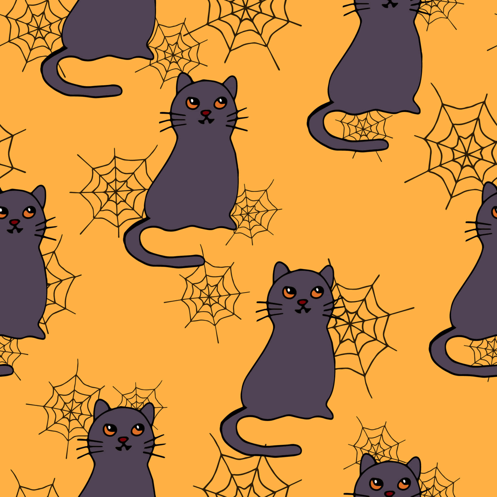 Halloween Cat 桌布 壁紙 — 深灰色卡通貓咪，橙色眼睛，坐在黑色蜘蛛網中，背景為鮮豔的橙色。