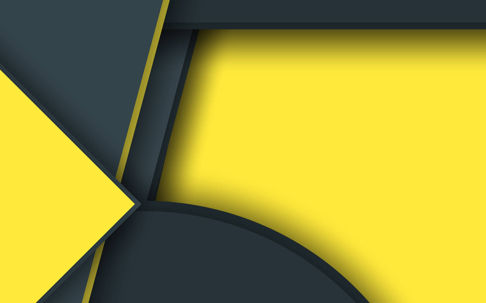 Android Material Design 桌布 壁紙 — 深灰色和鮮黃色的大膽幾何形狀，以清晰的線條和柔和的陰影營造出現代抽象構圖。
