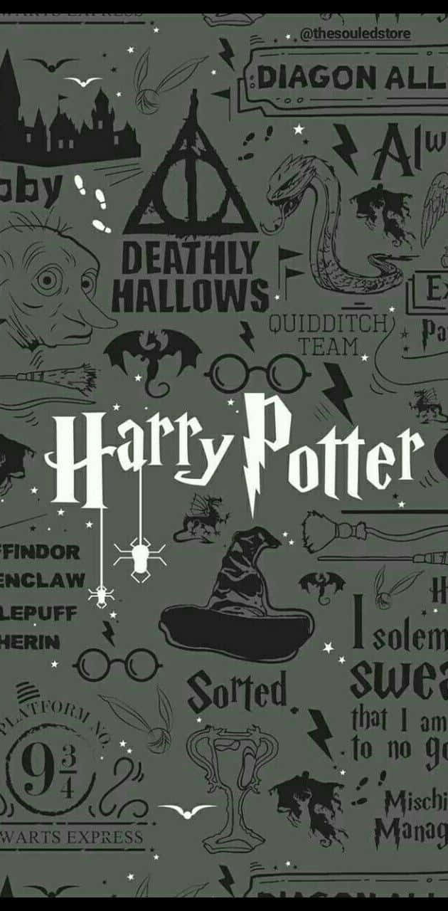 Harry Potter Black And White 桌布 壁紙 — 深灰色哈利波特主題桌布，以塗鴉風格繪製死亡聖器、霍格華茲城堡和魁地奇裝備等標誌性符號。