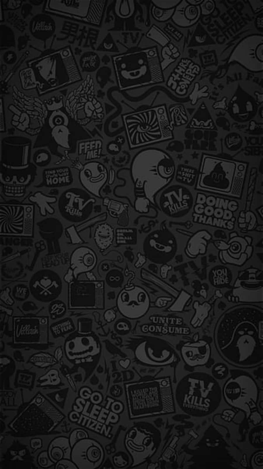 Sticker 桌布 壁紙 — 深灰色壁紙，上面佈滿混亂的卡通貼紙，帶有流行文化標語和怪異面孔。