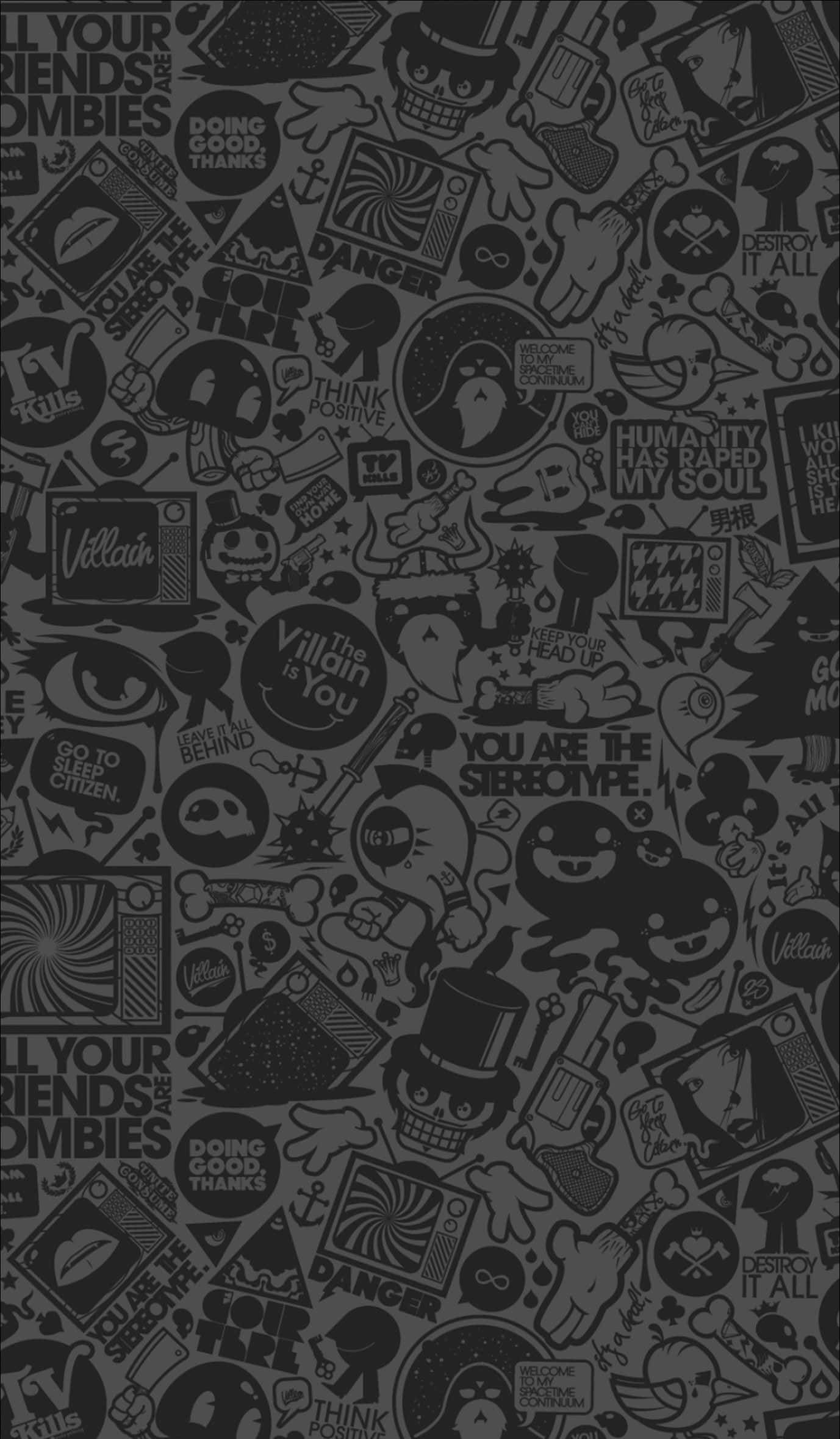WhatsApp 聊天 桌布 壁紙 — 深灰色壁紙，充滿混亂的黑白塗鴉，包括骷髏頭、眼睛、文字和符號，以塗鴉風格拼貼。