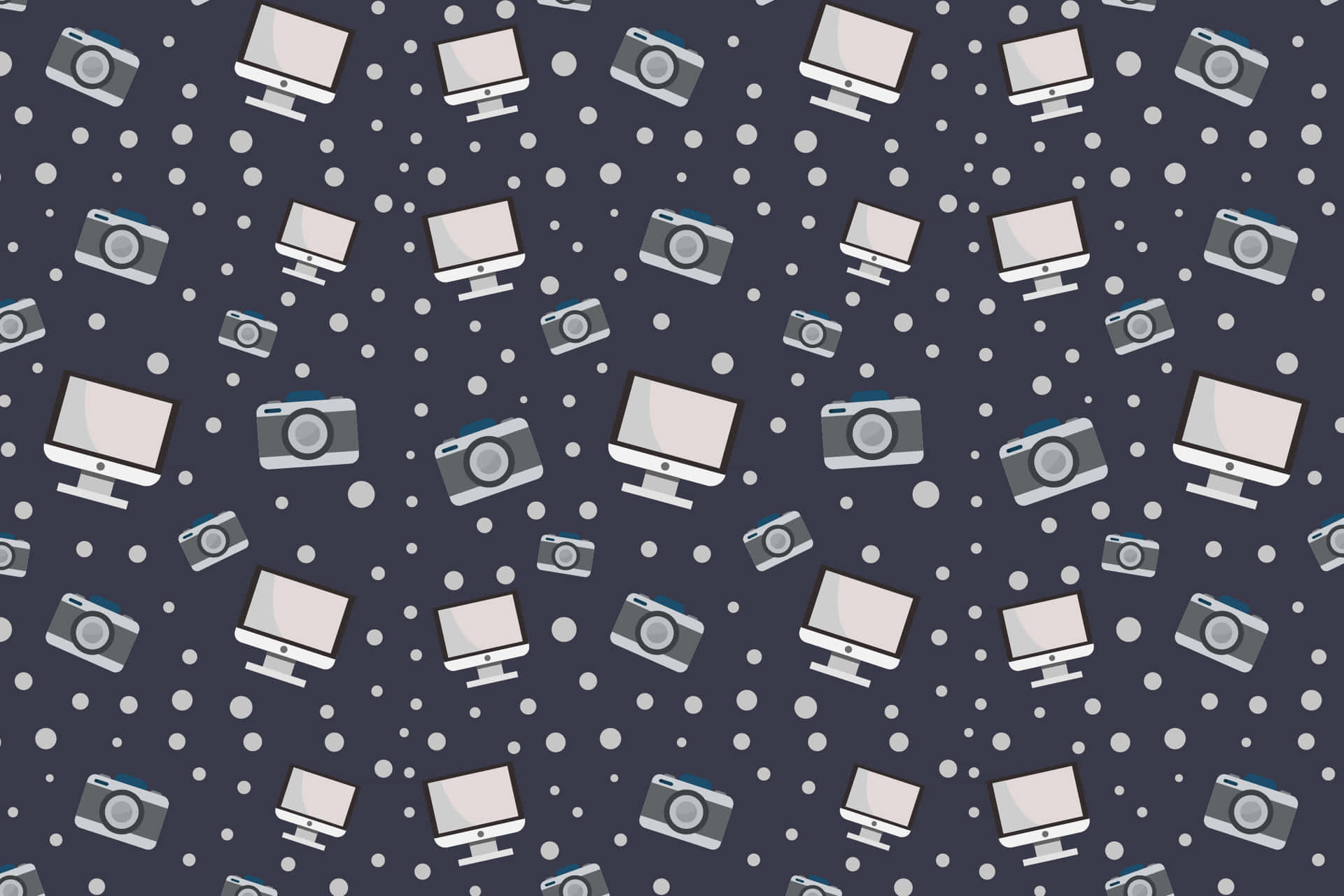 Technology Pattern 壁紙 — 深灰色壁紙圖案，帶有散落的白色圓點和重複的灰色相機和電腦顯示器。
